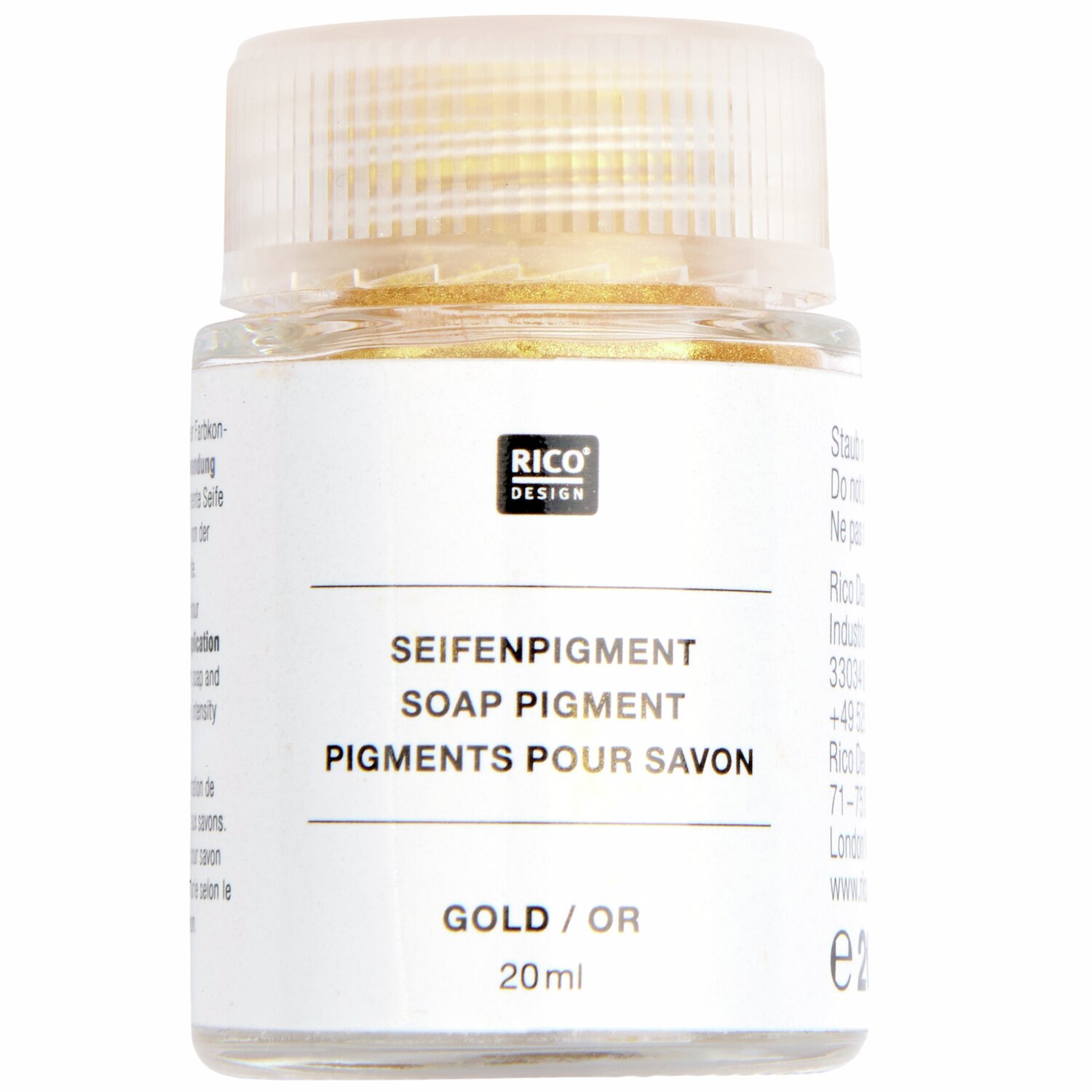 Seifenpigment gold 20ml von Rico Design in einem transparenten Behälter mit weißem Etikett. Ideal für kreative Seifenherstellung.
