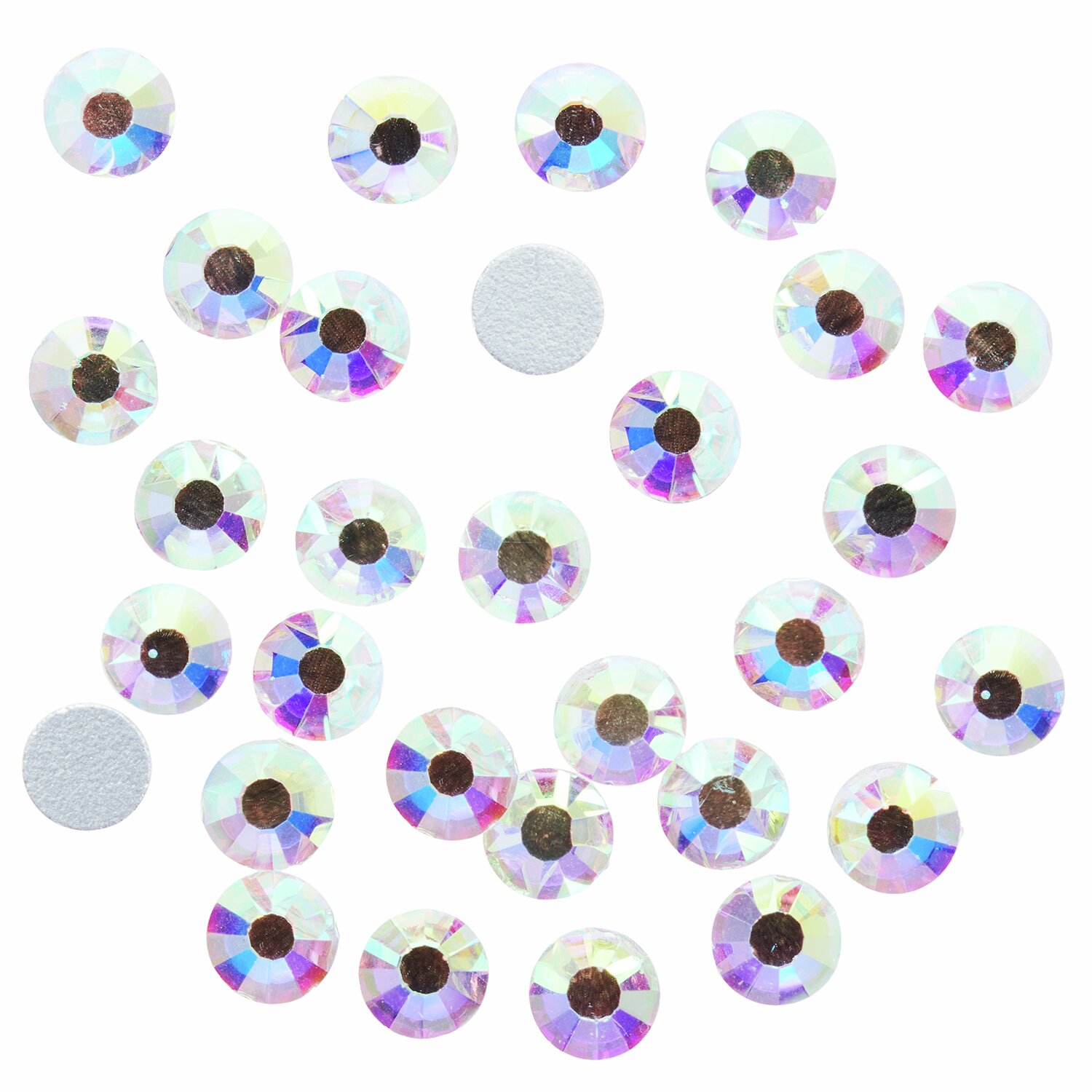 Klebesteine Crystal AB 4,8mm von Rico Design, 30 Stück, schimmernde runde Steine auf weißem Hintergrund.