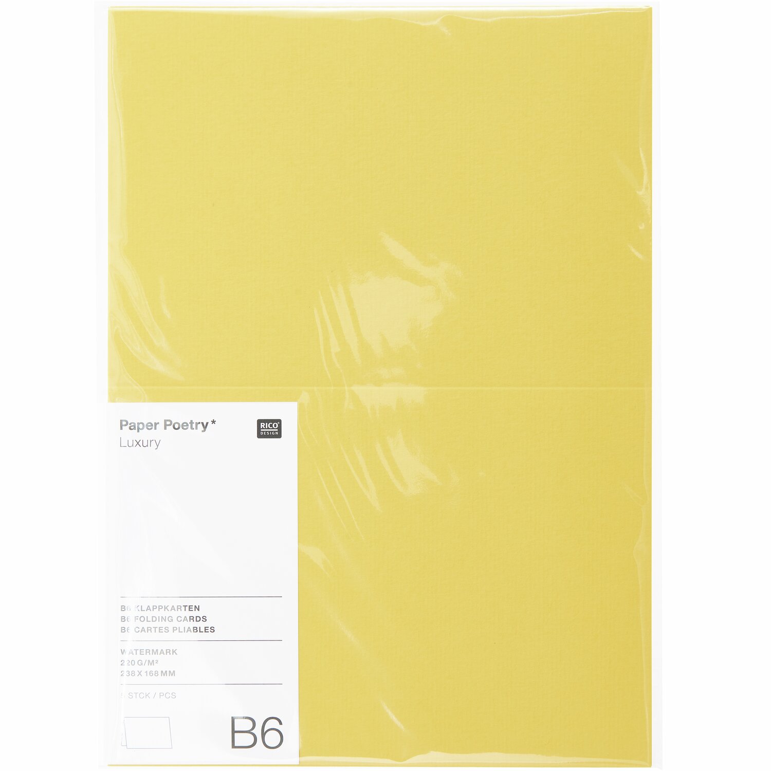 Paper Poetry Luxury Karten B6, gelb, 5 Stück. Hochwertige Klappkarten von Rico Design, ideal für kreative Projekte.