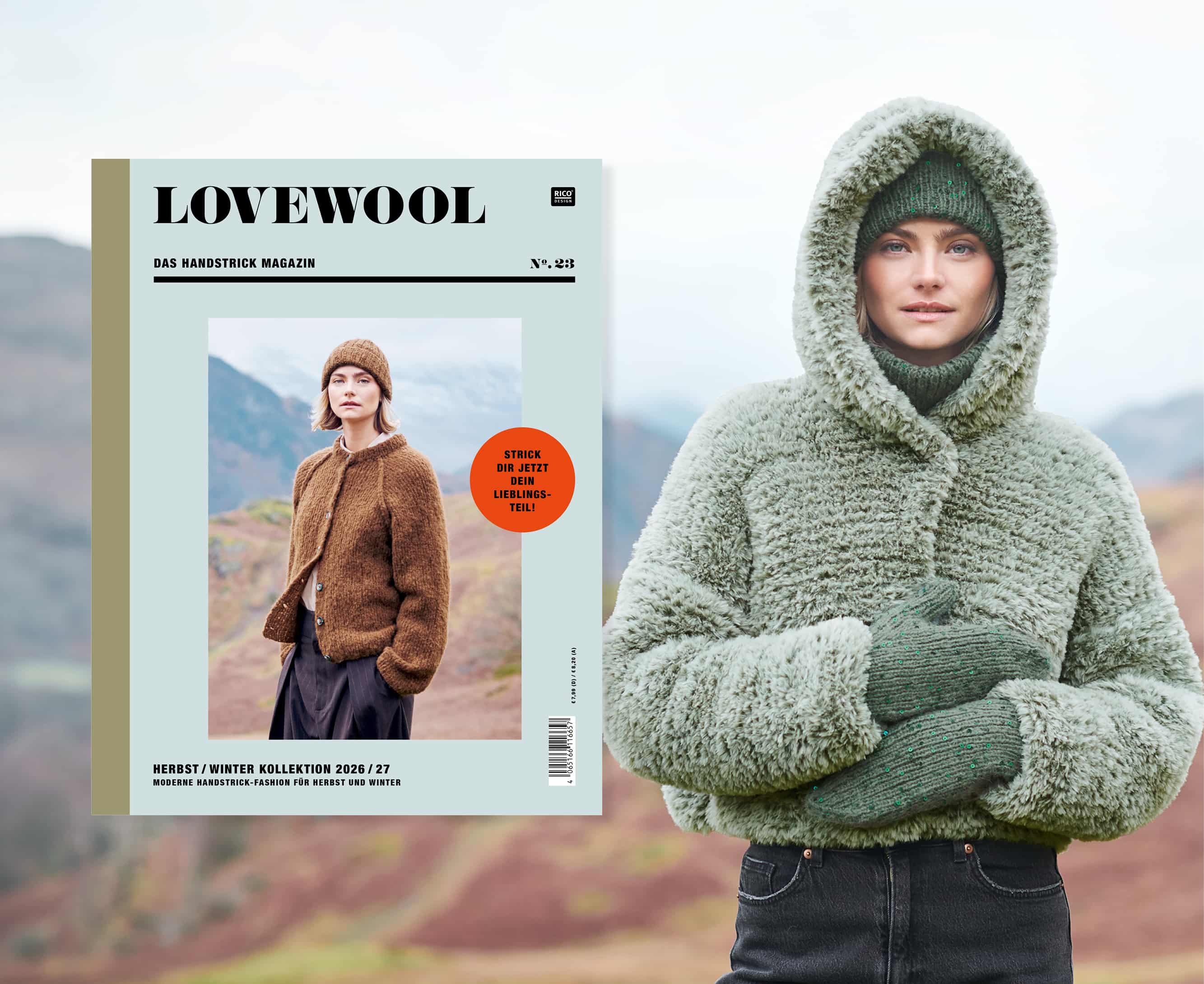 Frau trägt gestrickte Jacke, Handschuhe und Mütze aus Lovewool No. 23 in Outdoor-Umgebung. Daneben ein Cover des Handstrick Magazins Lovewool No. 23 und Logo.