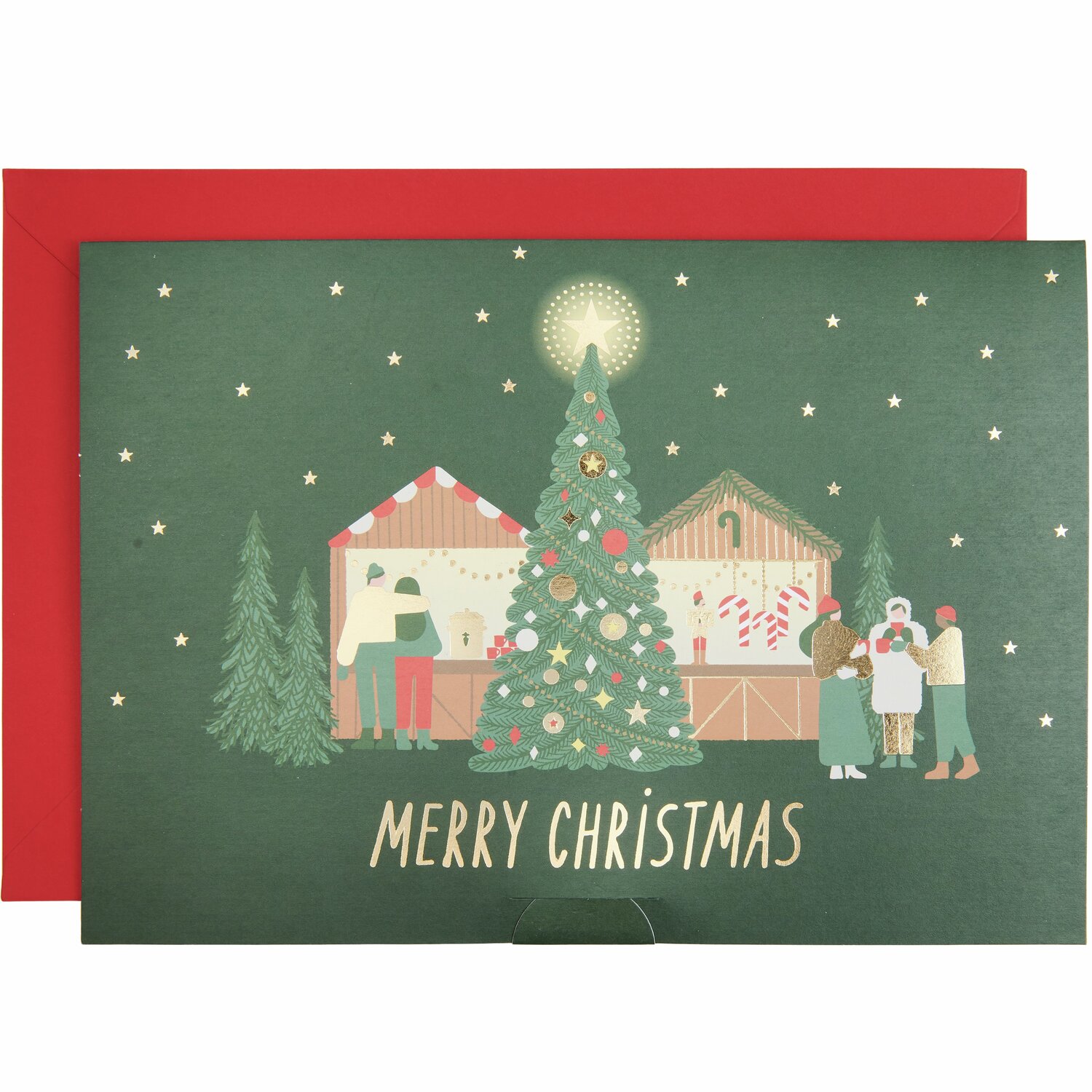 Pop-Up Karte Weihnachtsmarkt für Geldgeschenke zeigt festliche Stände und Tannenbaum auf dunkelgrünem Hintergrund mit rotem Umschlag.