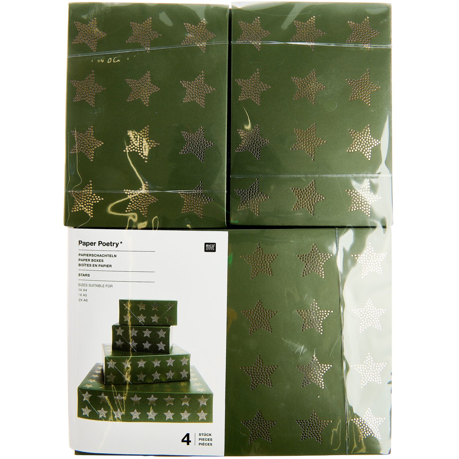 Paper Poetry Papierschachtel Set Advent Sterne Grün/Gold 4 Stück von Rico Design
