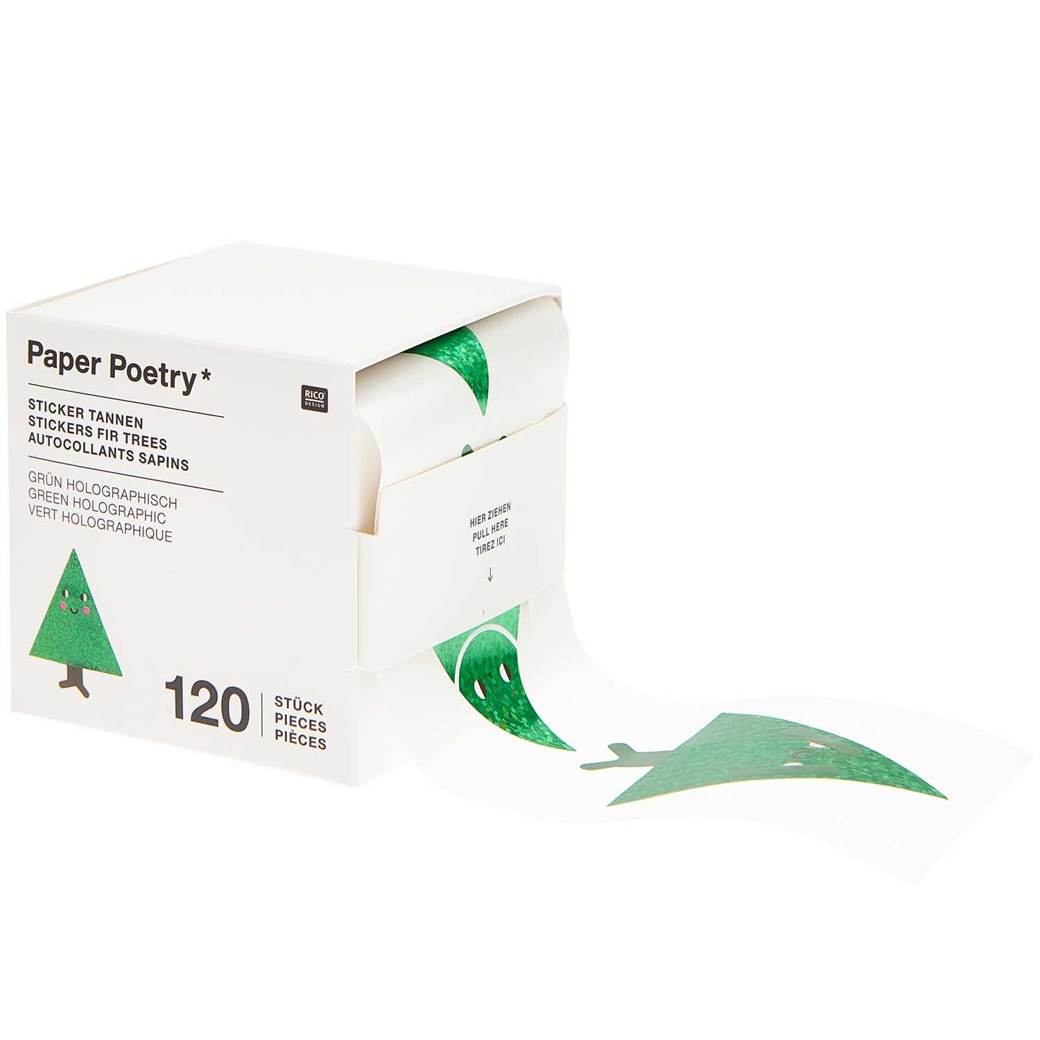 Paper Poetry Sticker Tannen, 120 Stück auf Rolle, grün, holografisch, ideal für kreative Projekte.