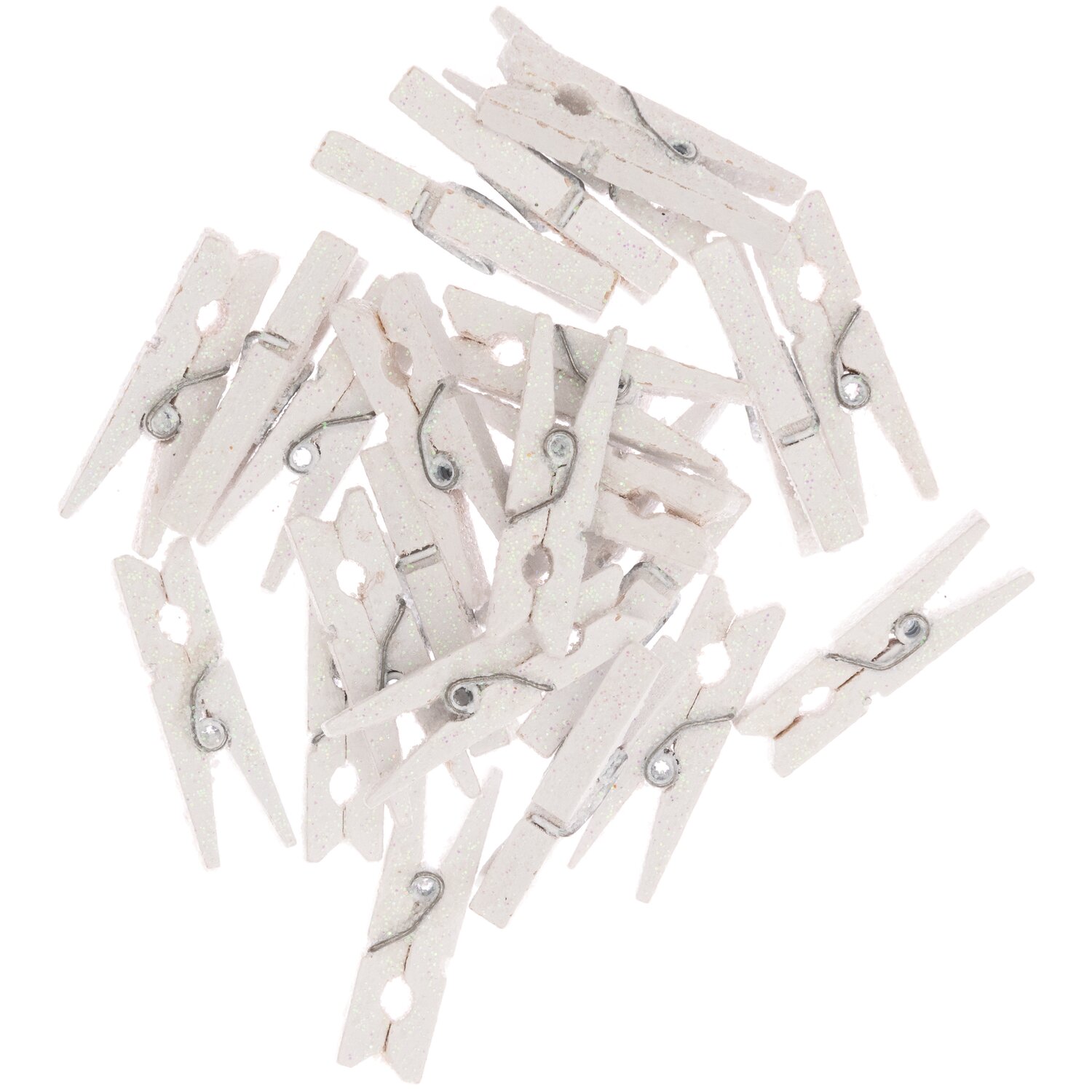 Holzklammern mit Glitter weiß 3cm 24 Stück: Weiße Klammern mit Glitzereffekt, ideal für Dekorationen.