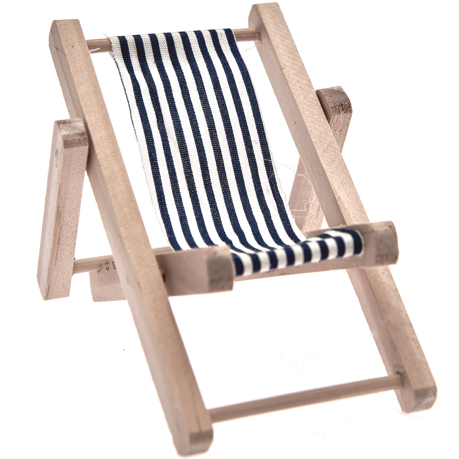 Deko-Liegestuhl blau-weiß mit gestreiftem Stoffbezug, ideal für maritime Dekorationen.