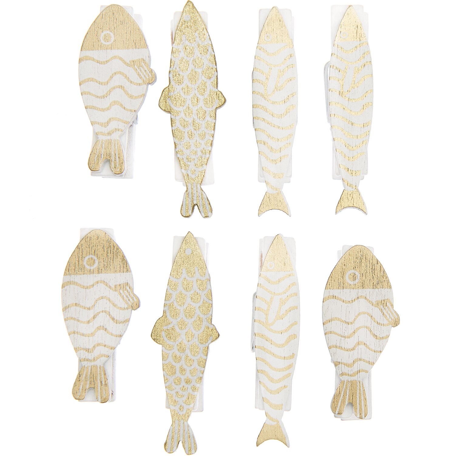 Dekoklammern Fisch Mix gold-weiß, 8 Stück, 7x35mm. Ideal für kreative Dekorationen.