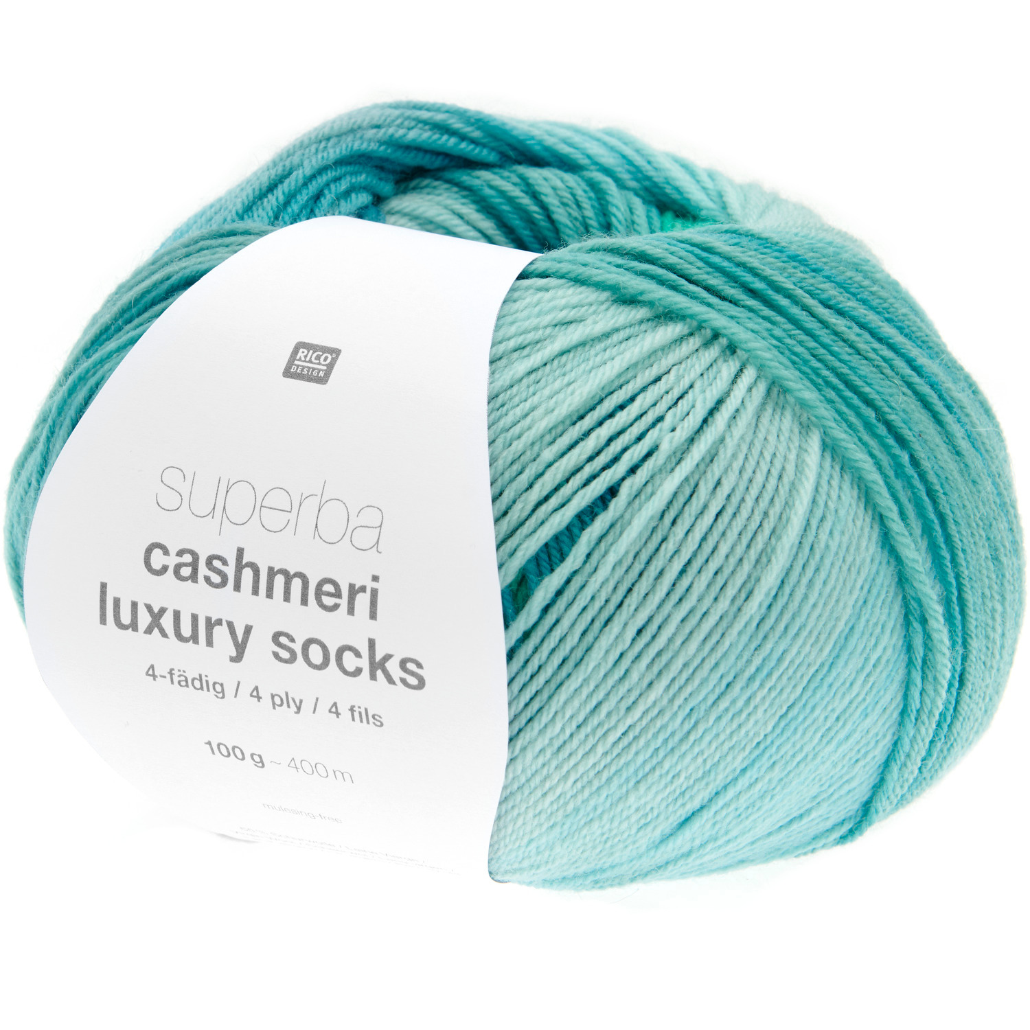 Superba Cashmeri Luxury Socks 4fädig in Aqua, 100g 400m. Hochwertiges Garn von Rico Design für luxuriöse Strickprojekte.
