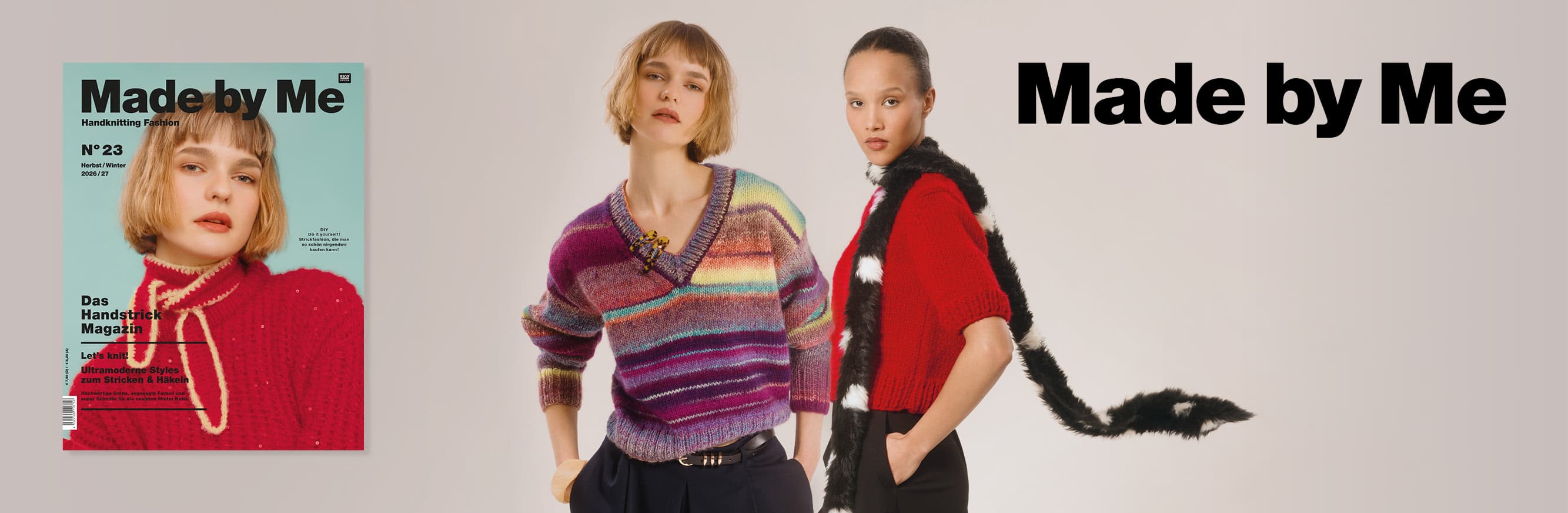 Farbenfrohe Strickmodelle getragen von Models. Daneben ein Cover und Logo des Handstrickmagazins Made by Me No. 23.