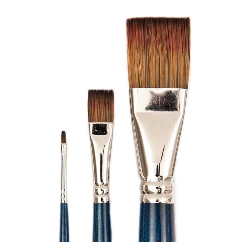 Pinsel Art School Acryl Synthetic flach von Rico Design, drei flache Pinsel mit blauen Griffen.
