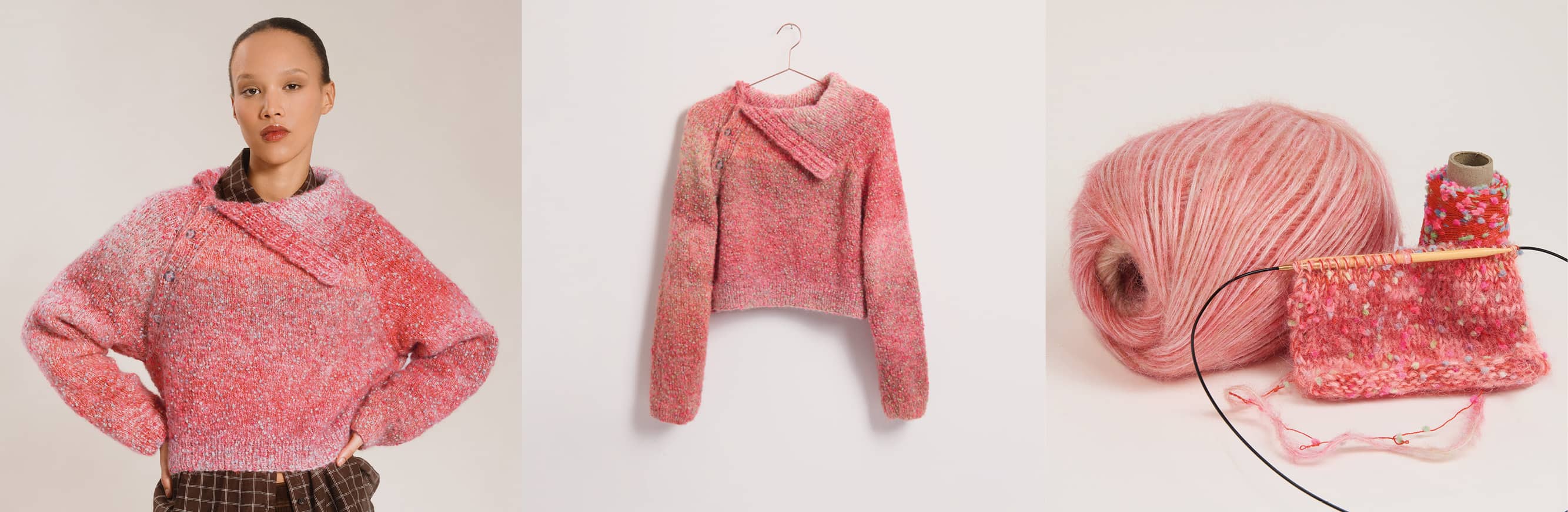 Gestrickter Pullover in Rosatönen, gezeigt als getragenes Modell, Produktansicht und mit passendem Wollknäuel. 