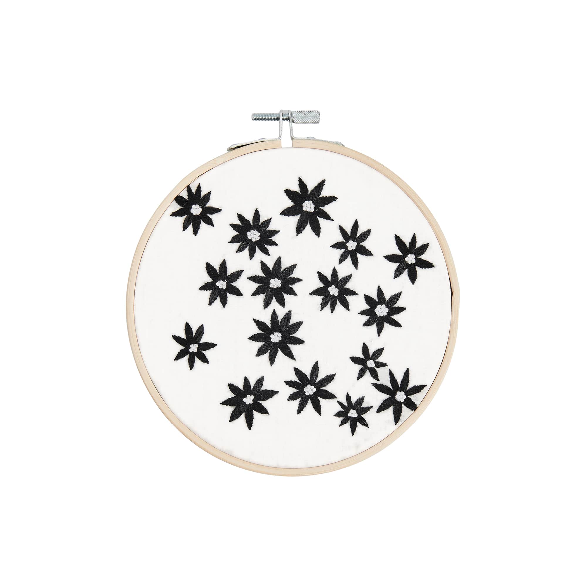 Stickbild mit schwarzen Blumen