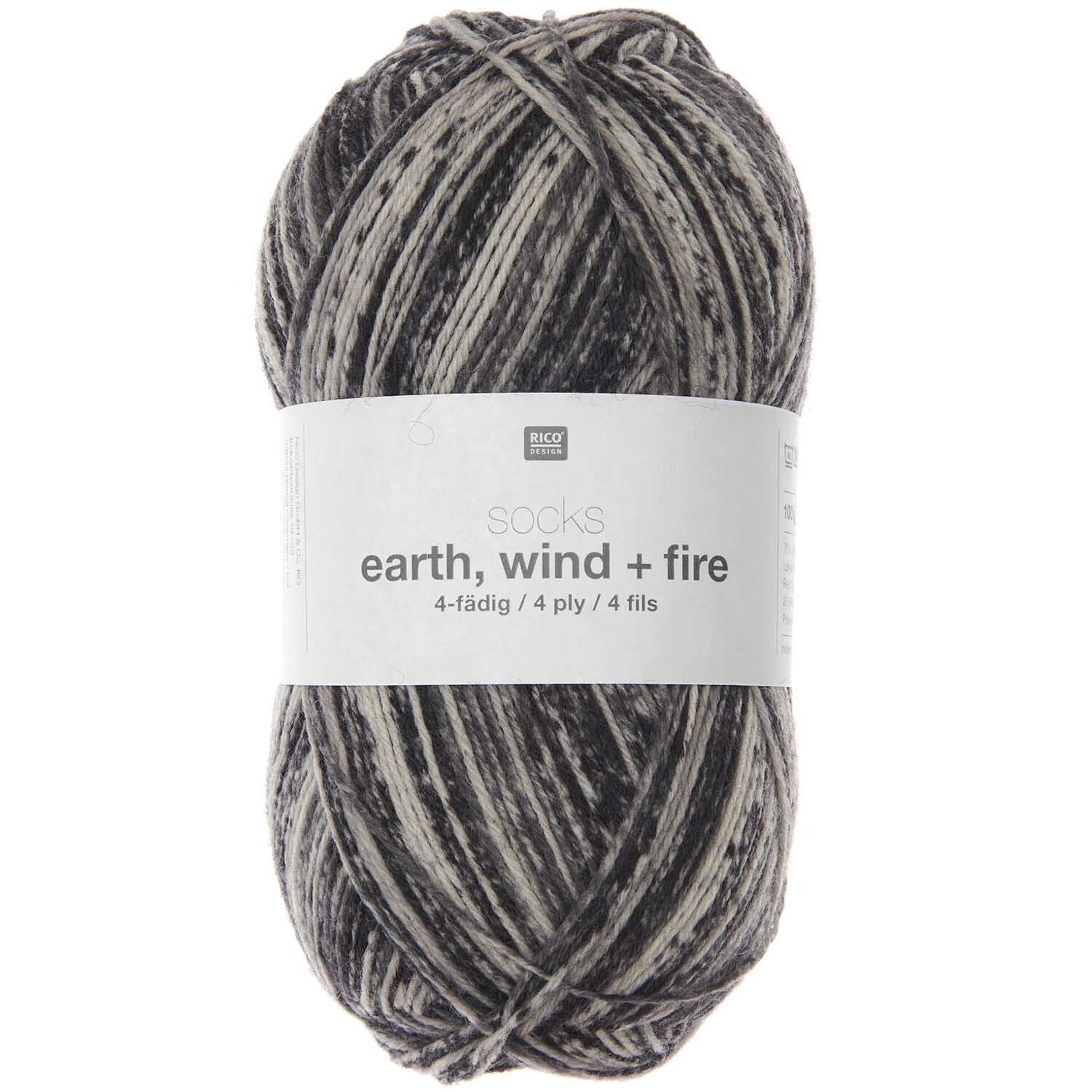 Socks Earth + Wind + Fire 4-fägig von Rico Design, meliertes Garn in Grautönen, 100g Knäuel.