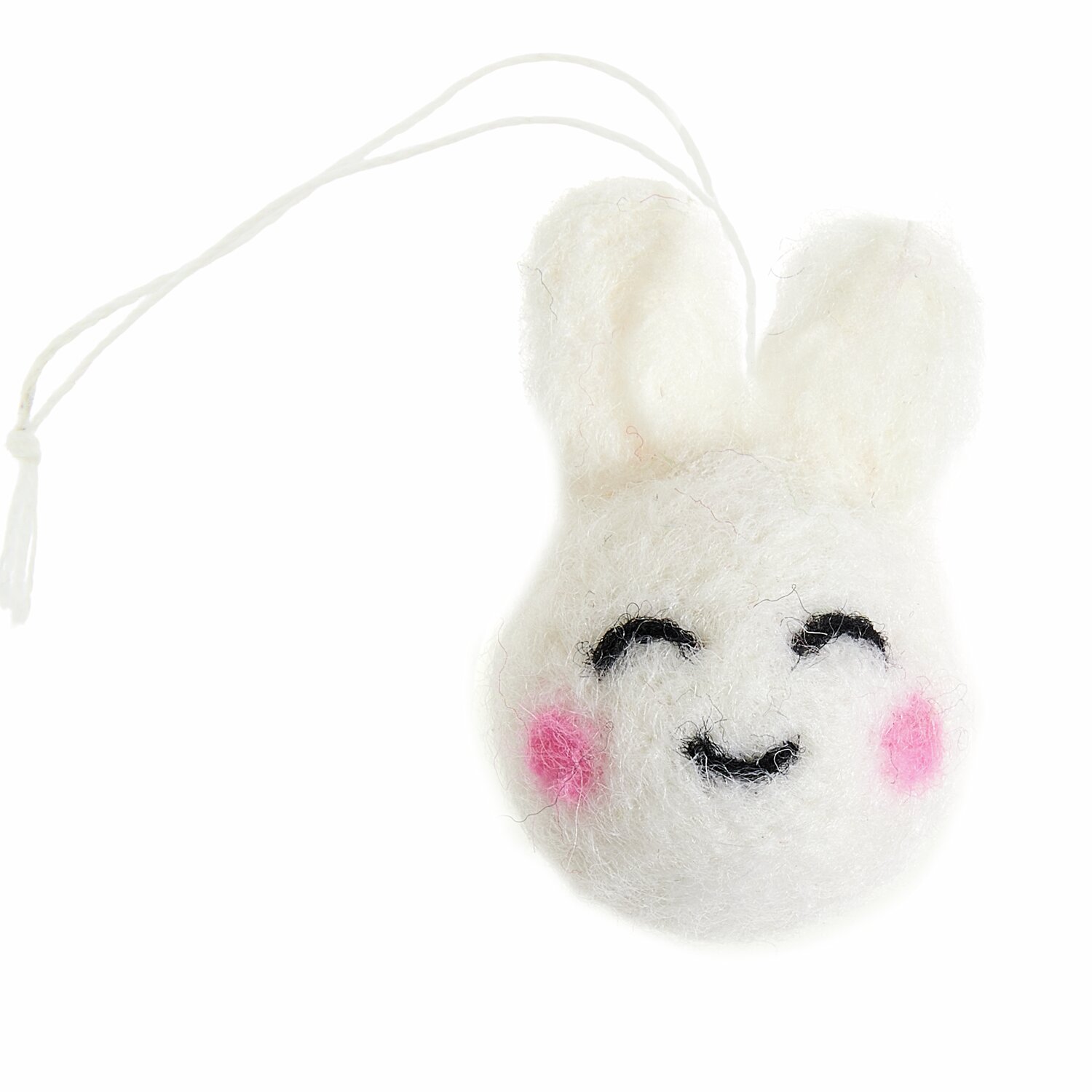 Aufhänger Filz-Hasenkopf 3D Weiß, 4,5x3x3cm, mit rosa Wangen und lächelndem Gesicht. Ideal für Osterdekorationen.