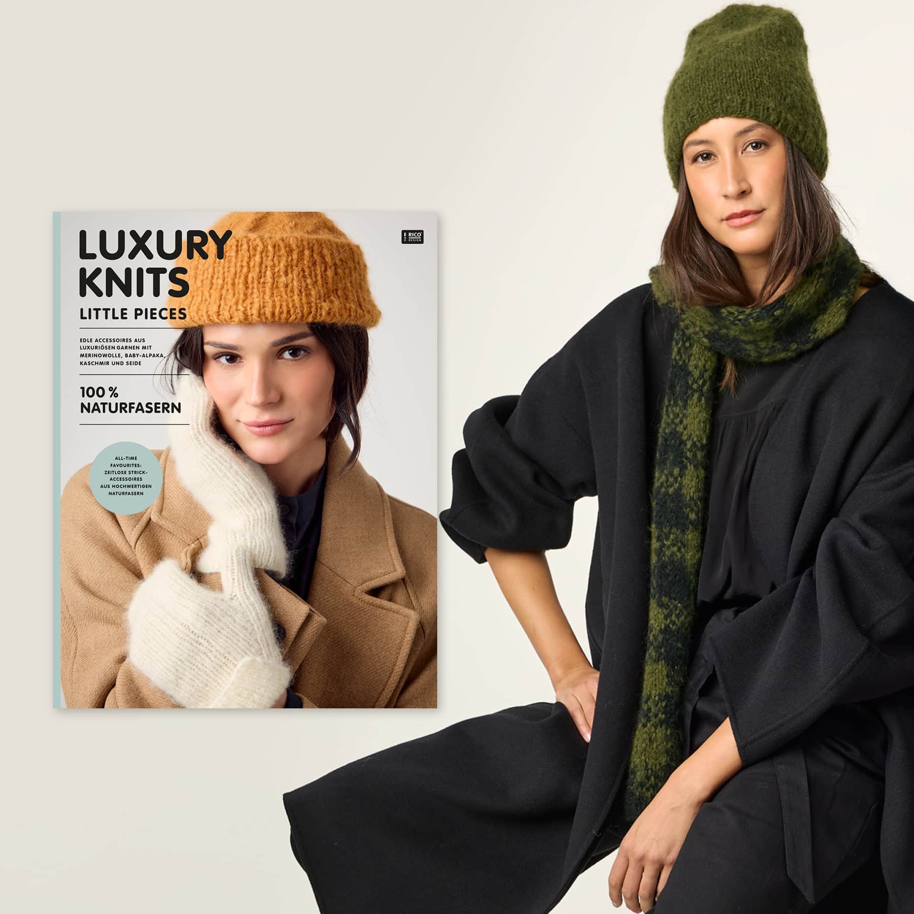 Eine Frau ist schwarz gekleidet und trägt einen gestrickten Schal und eine gestrickte Mütze. Daneben ein Cover des Handstrick Magazins Luxury Knits Little Pieces.