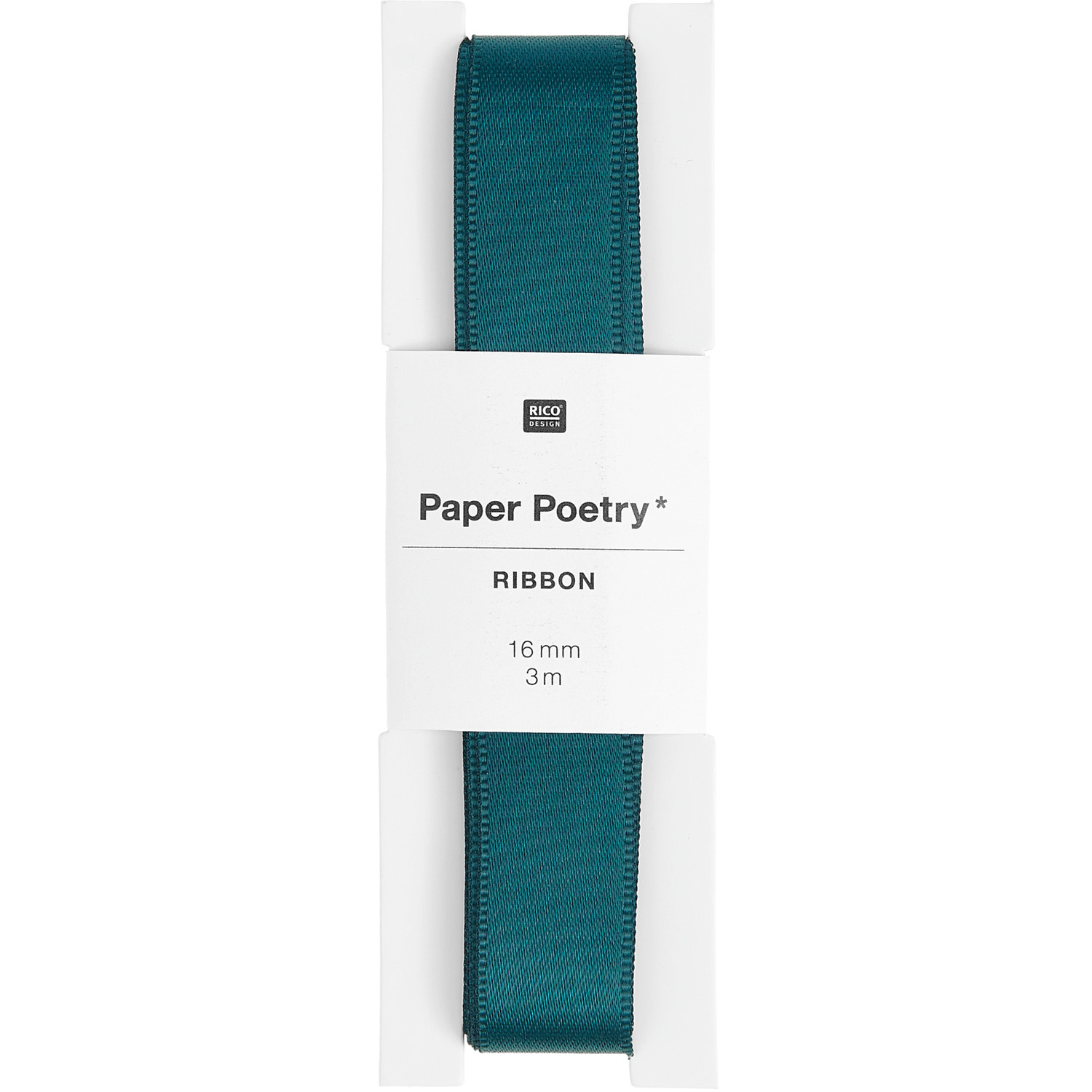 Paper Poetry Satinband in Petrol, 16mm breit und 3m lang, von Rico Design, auf weißem Hintergrund.