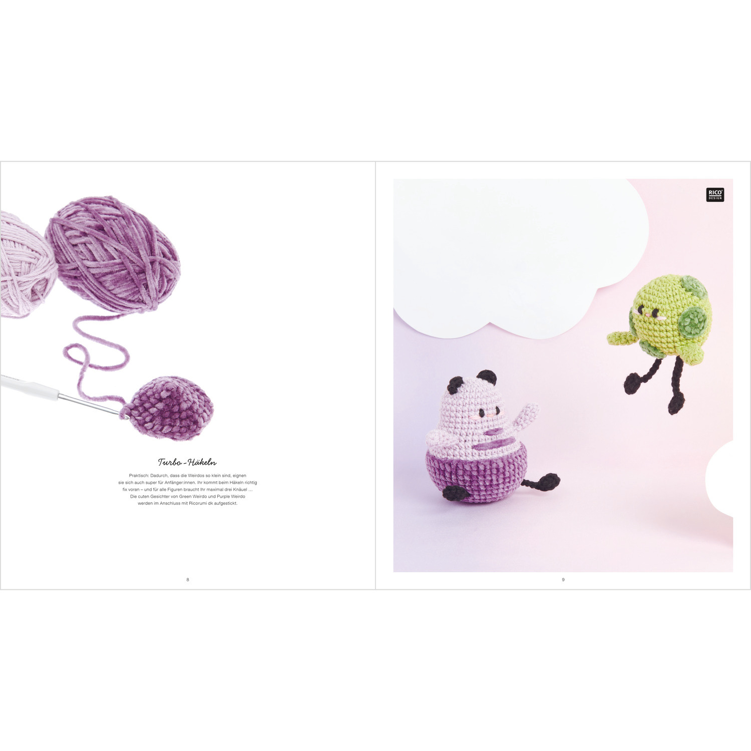 Ricorumi Rainbow Weirdos: Zwei gehäkelte Figuren, ein Panda und ein grünes Wesen, auf rosa Hintergrund.