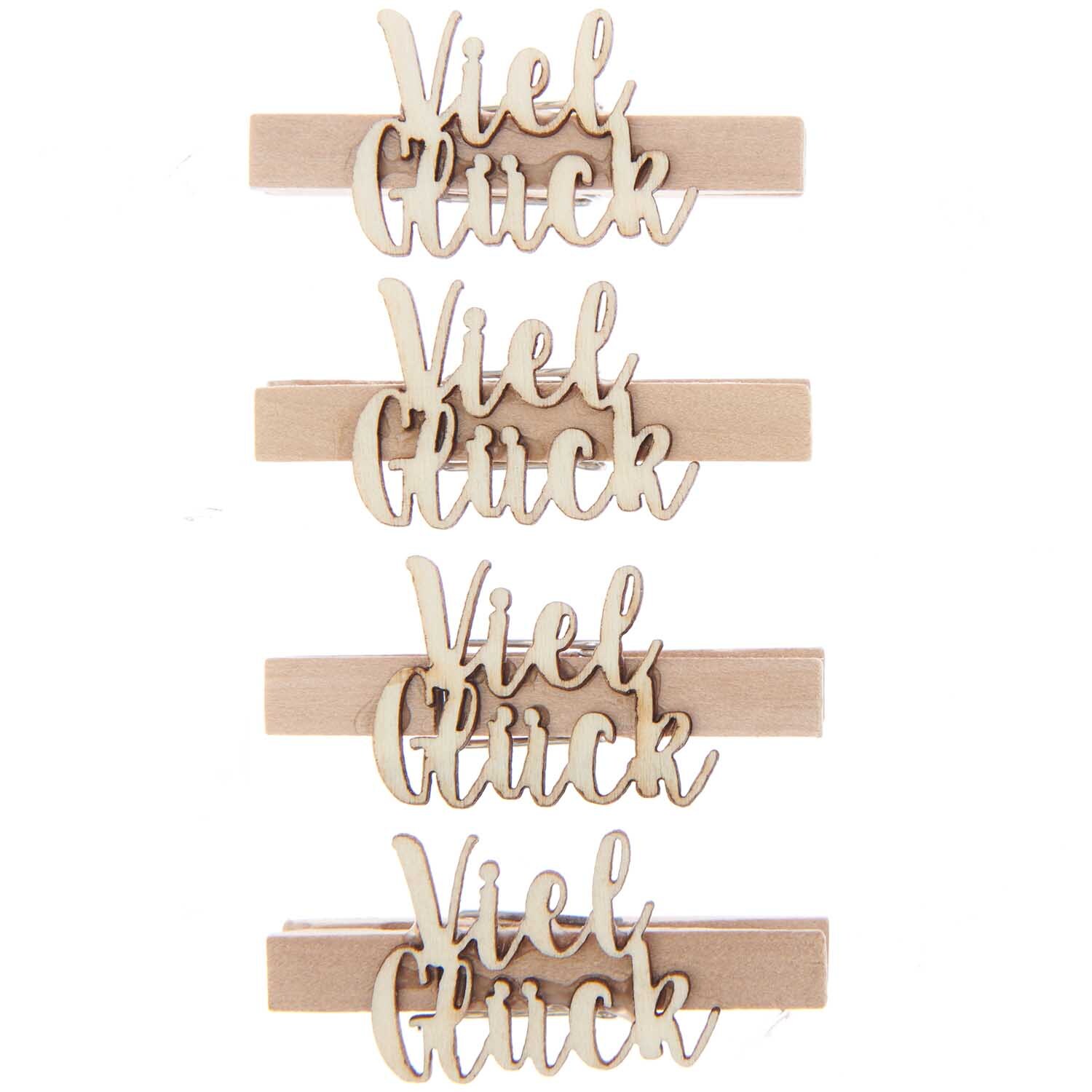 Holzklammern "Viel Glück" 7x48mm 4 Stück Holzklammern "Viel Glück" 7x48mm 4 Stück