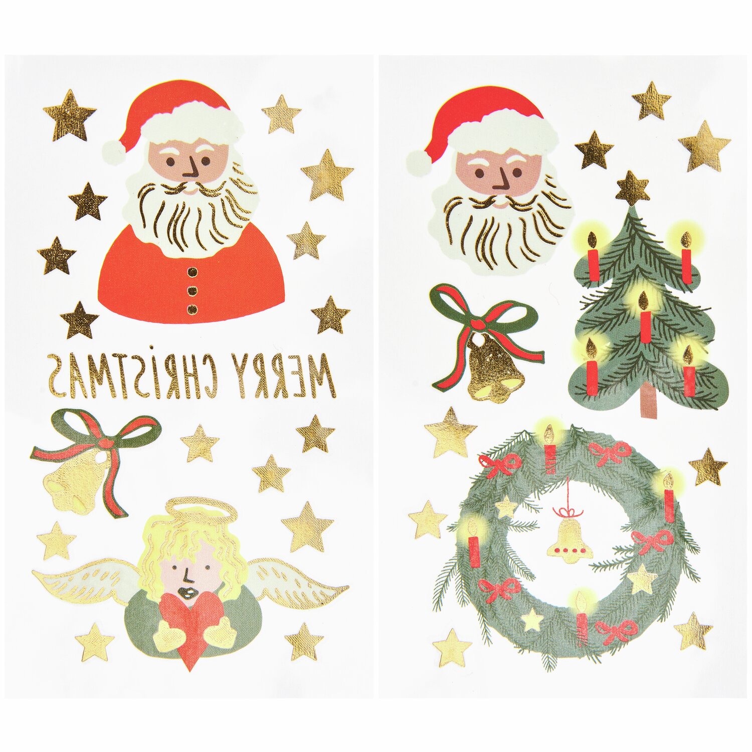 Tattoos Weihnachten: Zwei Bögen mit weihnachtlichen Motiven wie Weihnachtsmann, Engel und Kranz. Ideal für festliche Dekorationen.