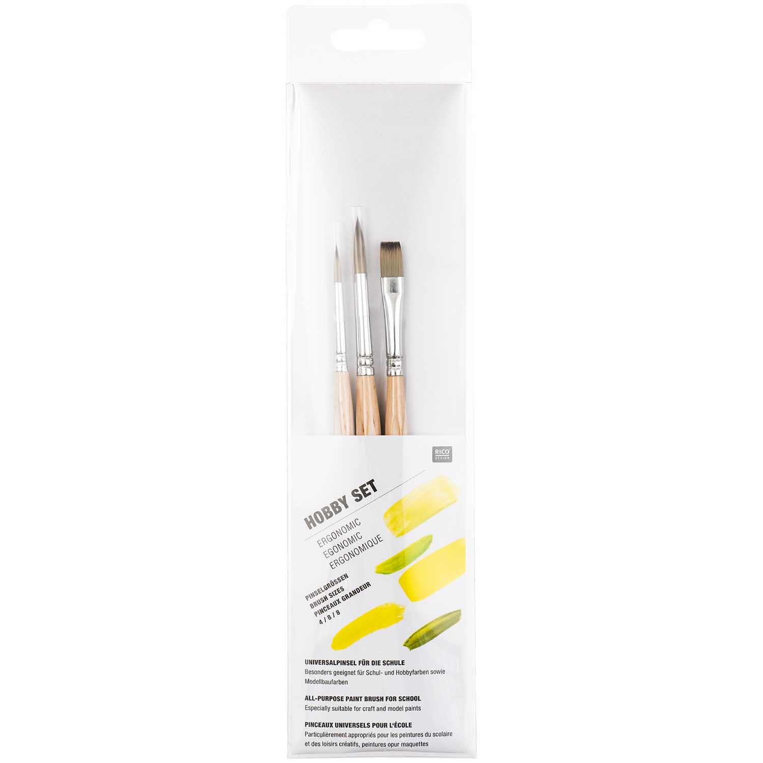 Pinsel Hobbyset Synthetic Ergonomic, 3-teilig, naturfarbene Griffe, ideal für präzises Malen.