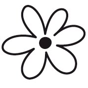 Paper Poetry Mini Stempel Blume Ø=1,5cm, Rico Design, zeigt ein schlichtes, schwarz umrandetes, stilisiertes Blumenmotiv mit fünf abgerundeten Blütenblättern