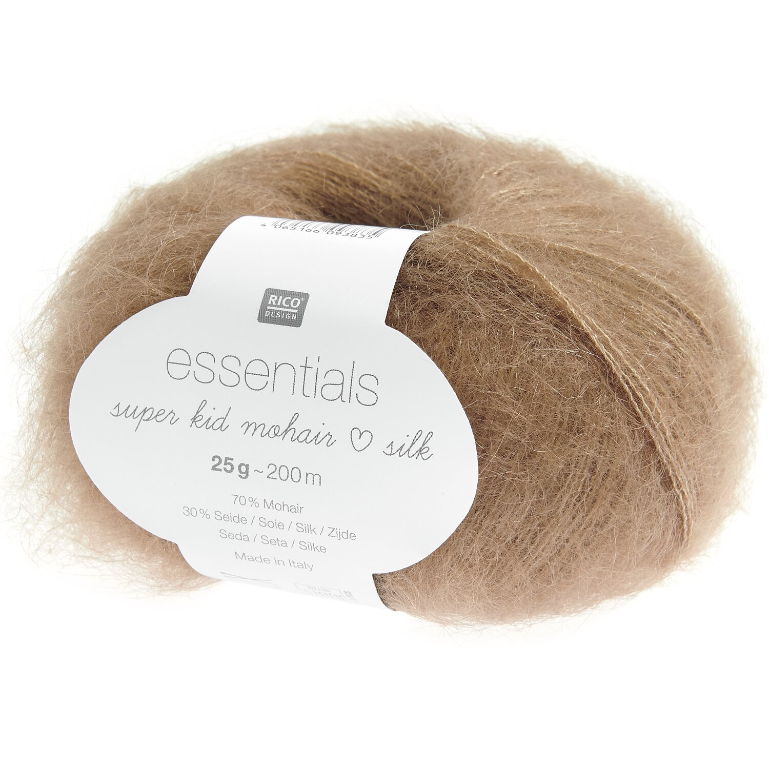 Essentials Super Kid Mohair Loves Silk von Rico Design in Braun, 25g, 200m, ideal für feine Strickprojekte.