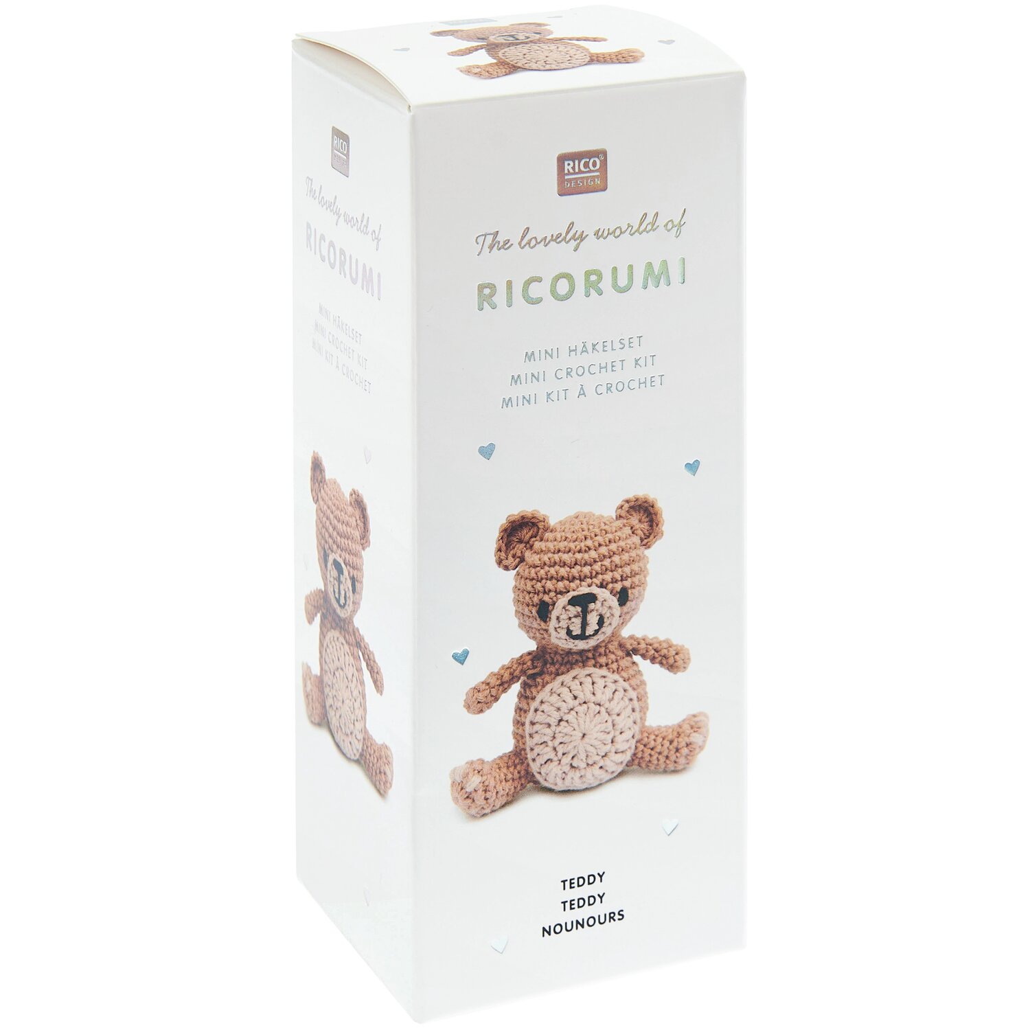Ricorumi Mini Easy Häkelset - Teddy: Weißer Karton mit Bild eines gehäkelten Teddys von Rico Design.