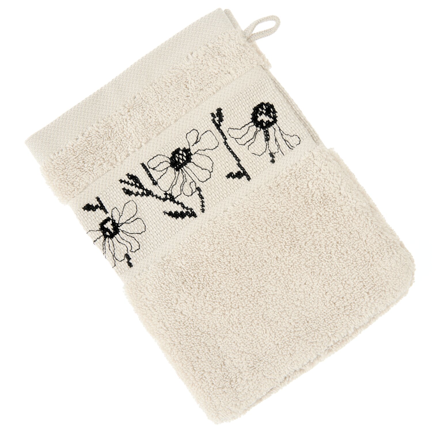 Stickset Waschhandschuh, Hellbeige Modell 80853 aus Stickbuch 186 zeigt einen weichen Frottee-Waschhandschuh mit bestickter Bordüre und floralem Kreuzstichmuster.