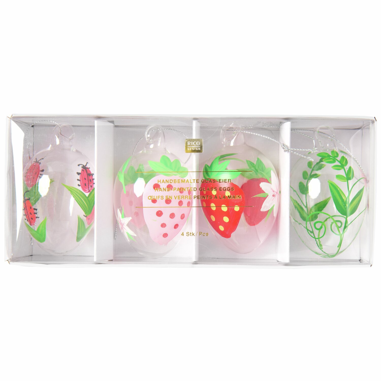 Glas Eier Erdbeeren/Marienkäfer 4 Stück 8xØ4,5cm von Rico Design