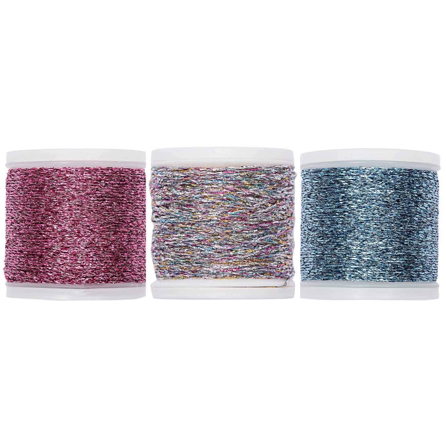 Sticktwist Metallic No. 10 40m von Rico Design: Drei Spulen mit glänzendem Metallic-Garn in Rosa, Bunt und Blau. Ideal für kreative Stickprojekte.