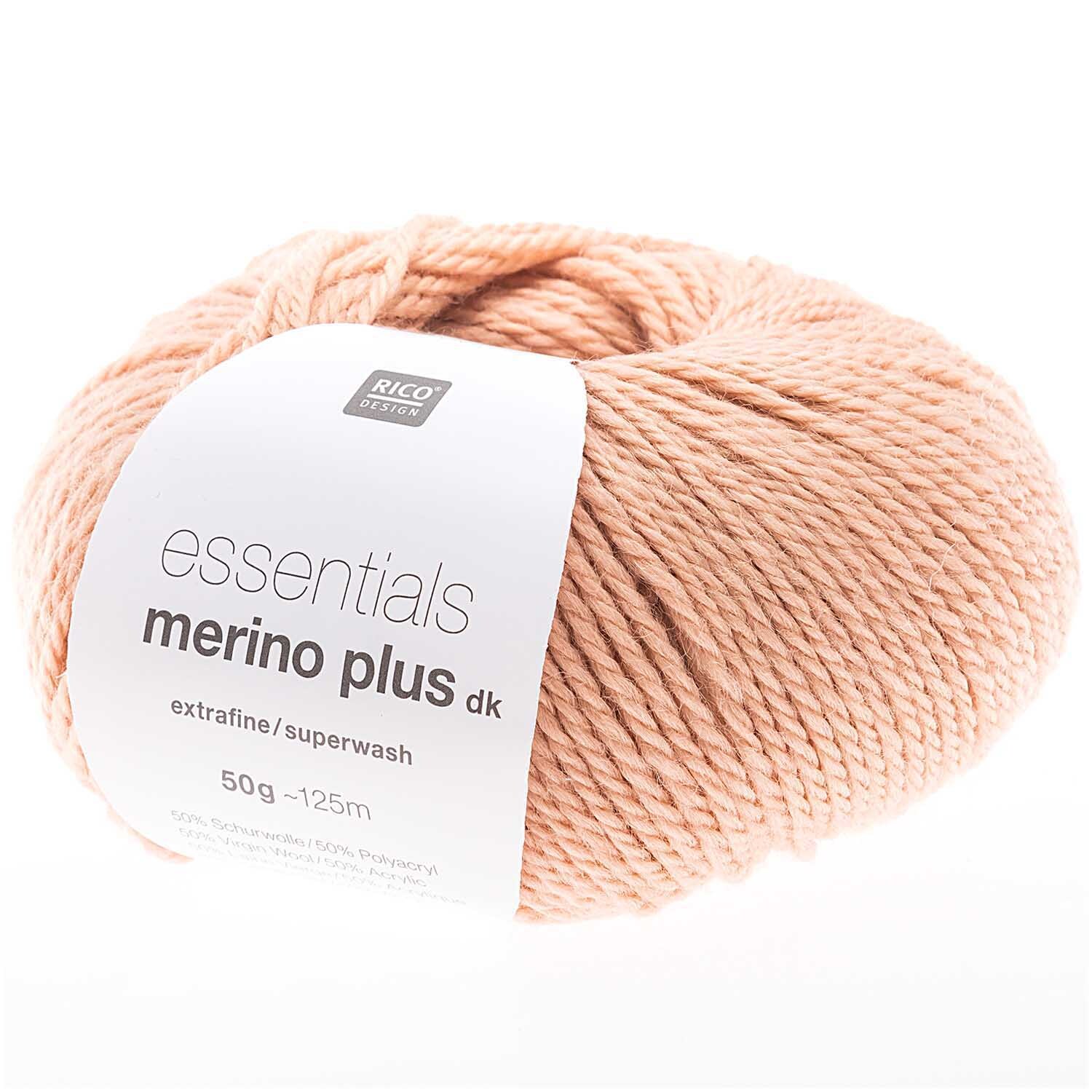 Essentials Merino Plus dk Wolle in Puder von Rico Design, 50g Knäuel, 125m Lauflänge. Ideal für Strickprojekte.