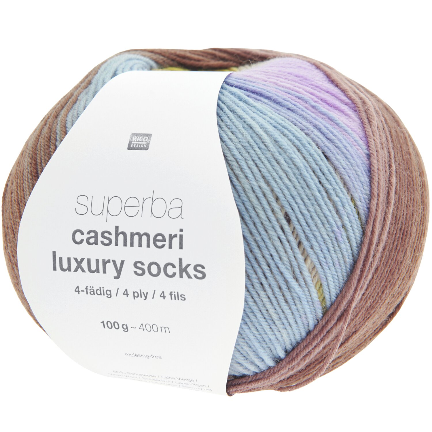 Superba Cashmeri Luxury Socks, 4-fädig, 100g 400m. Farbverlauf in sanften Herbsttönen von Rico Design. Ideal für hochwertige Strickprojekte.