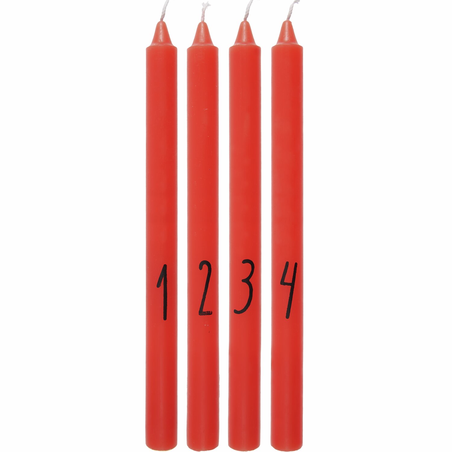 Adventskerzenset 4 Stück, rot, Ø2,2x28cm. Vier nummerierte Kerzen für die Adventszeit.