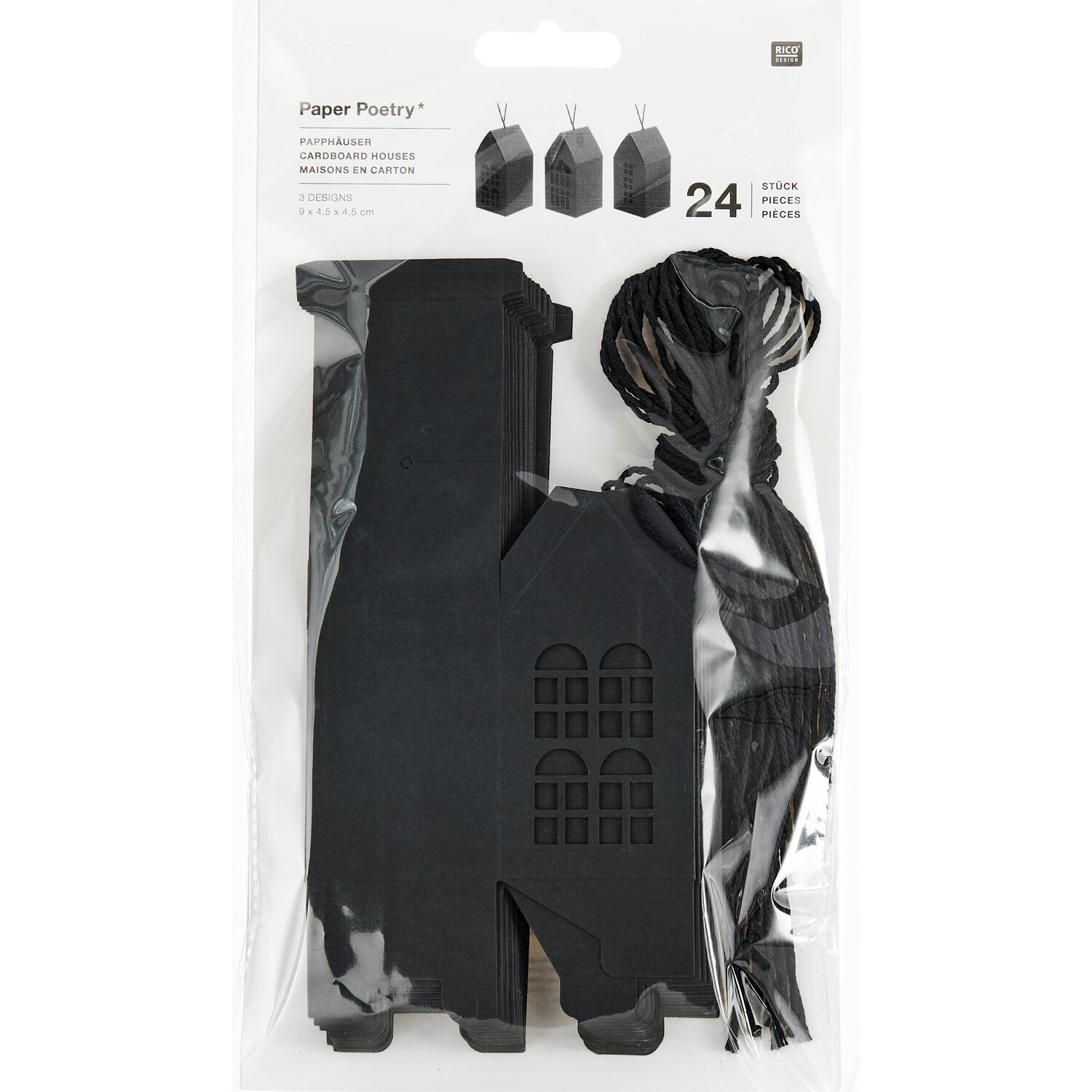 Adventskalender Papphäuser 24 Stück von Rico Design in Schwarz, ideal für kreative Weihnachtsdekoration.