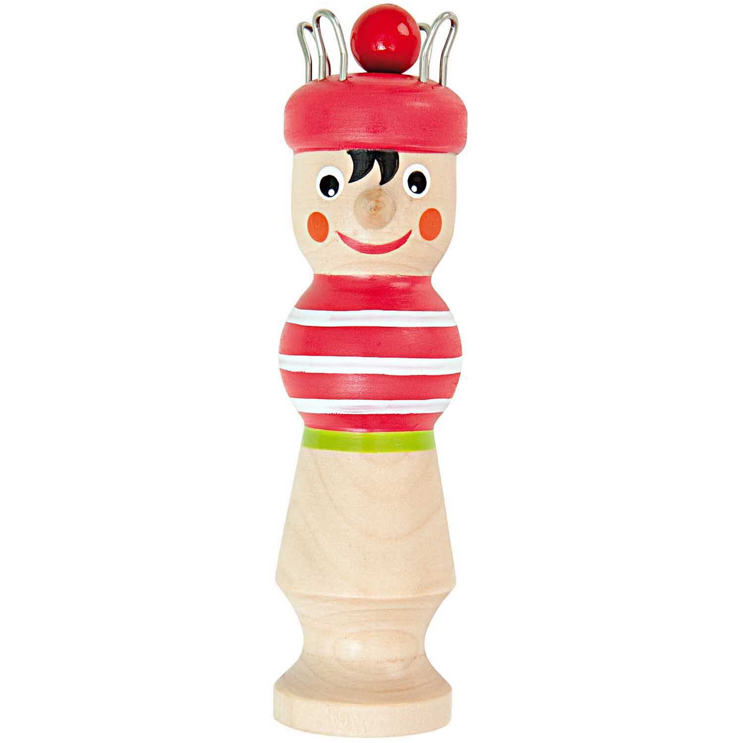 Strickliesel Karl Rot: Holzfigur mit roten Streifen und Mütze, ideal für kreative Strickprojekte.