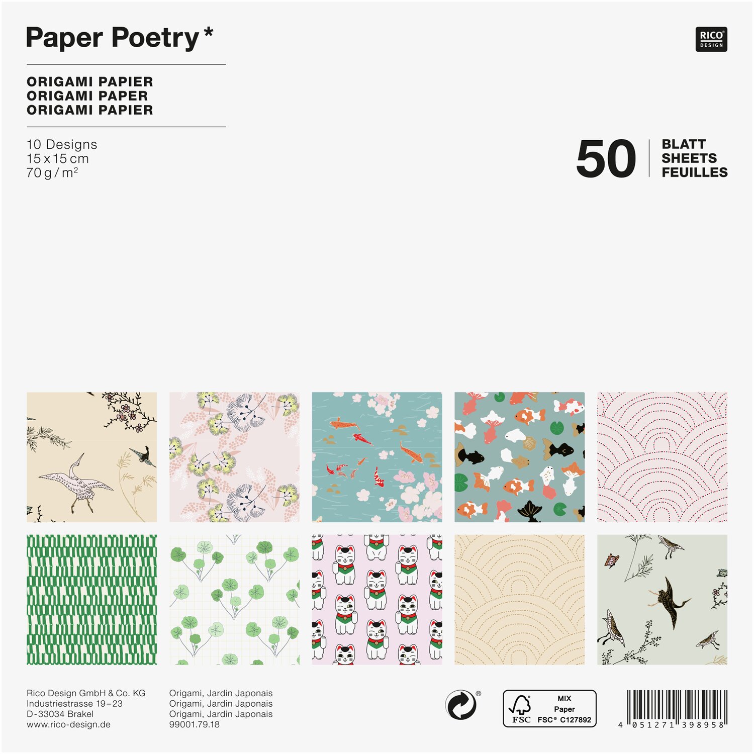 Paper Poetry Origami Jardin Japonais 15x15cm 50 Blatt zeigt 10 Designs in sanften Tönen. Ideal für kreative Projekte und Origami-Kunst.