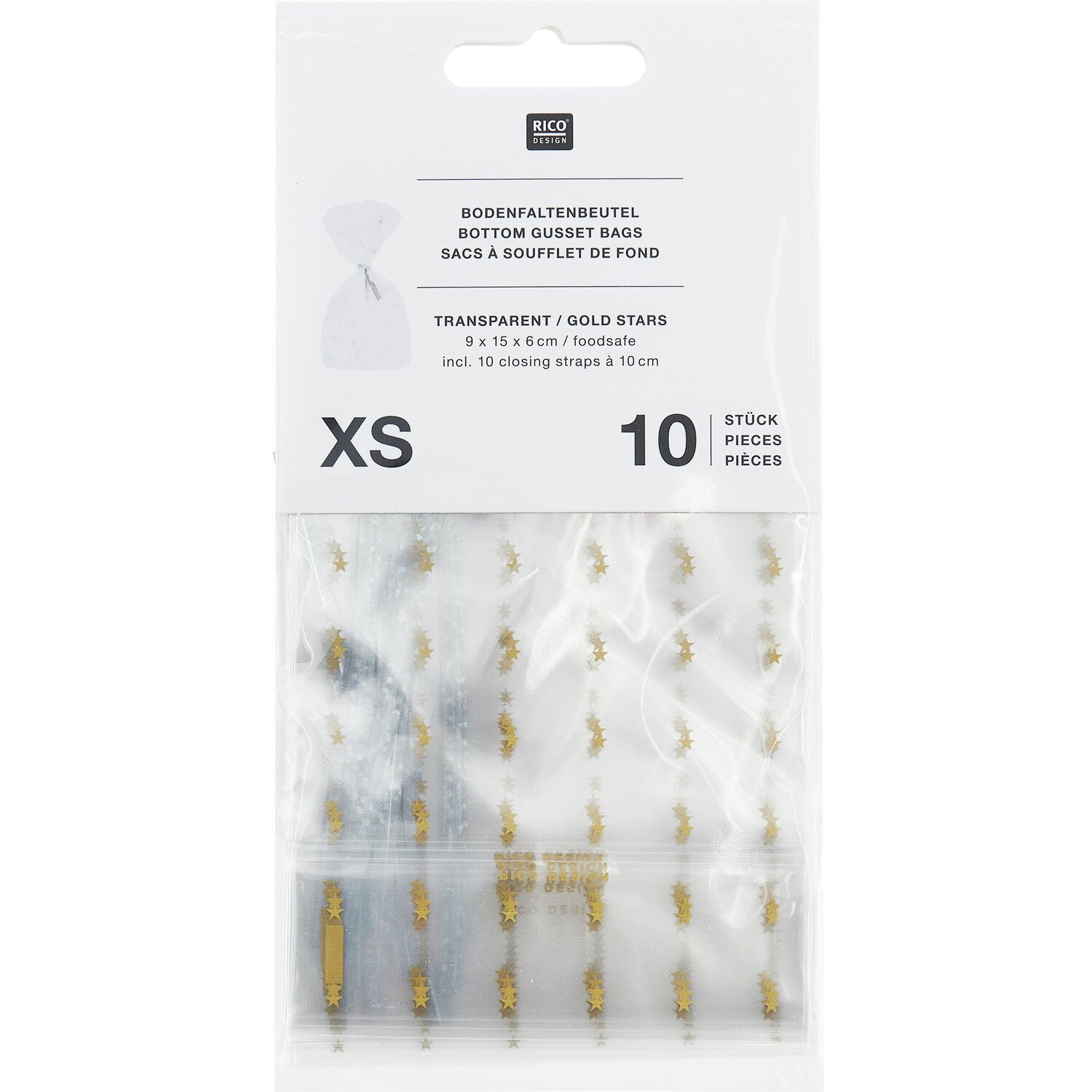 Kekstüten Goldene Sterne Raster, 10 Stück von Rico Design, transparent mit goldenen Sternen.