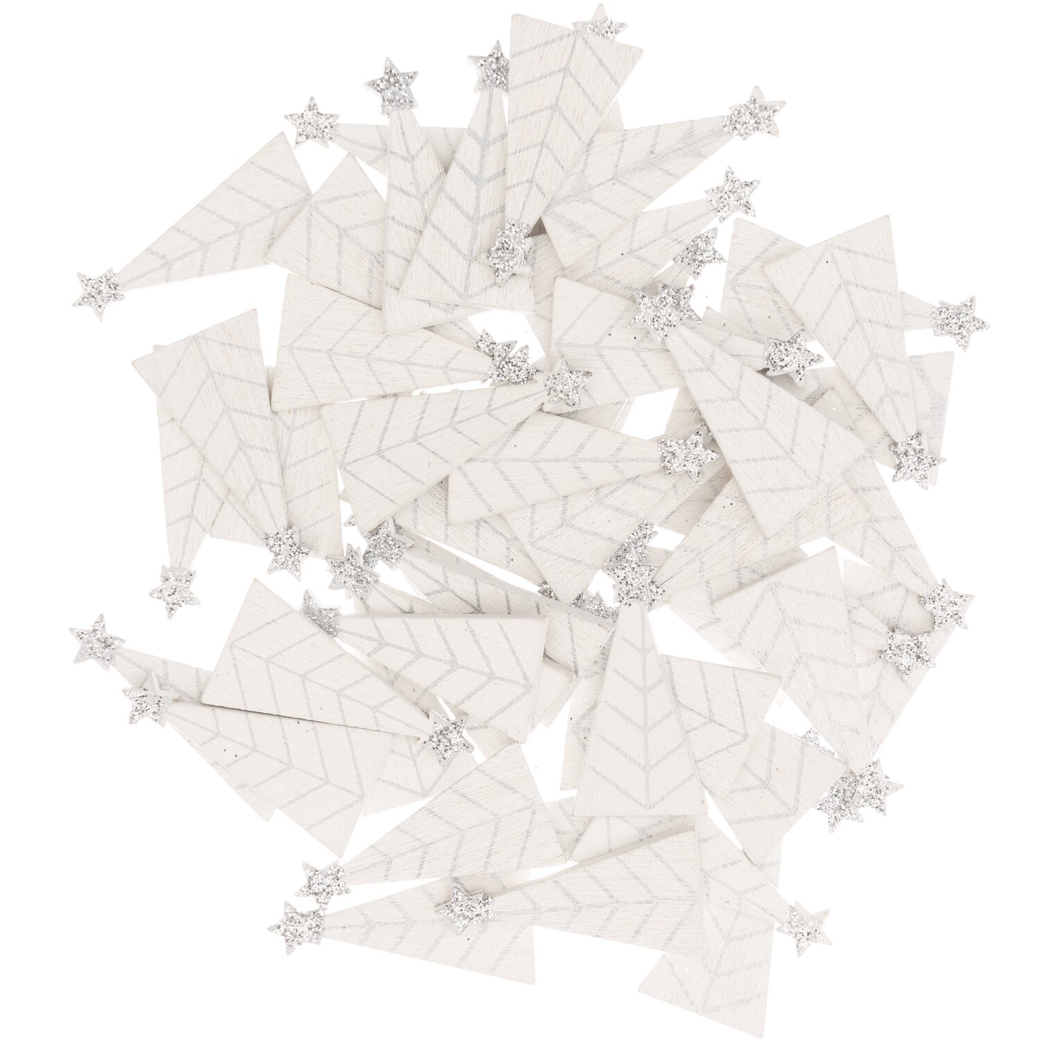 Holzstreu Tannenbaum weiß 15x30mm 48 Stück, dekorative Streuteile mit silbernen Sternen, ideal für festliche Bastelprojekte und Tischdekorationen.