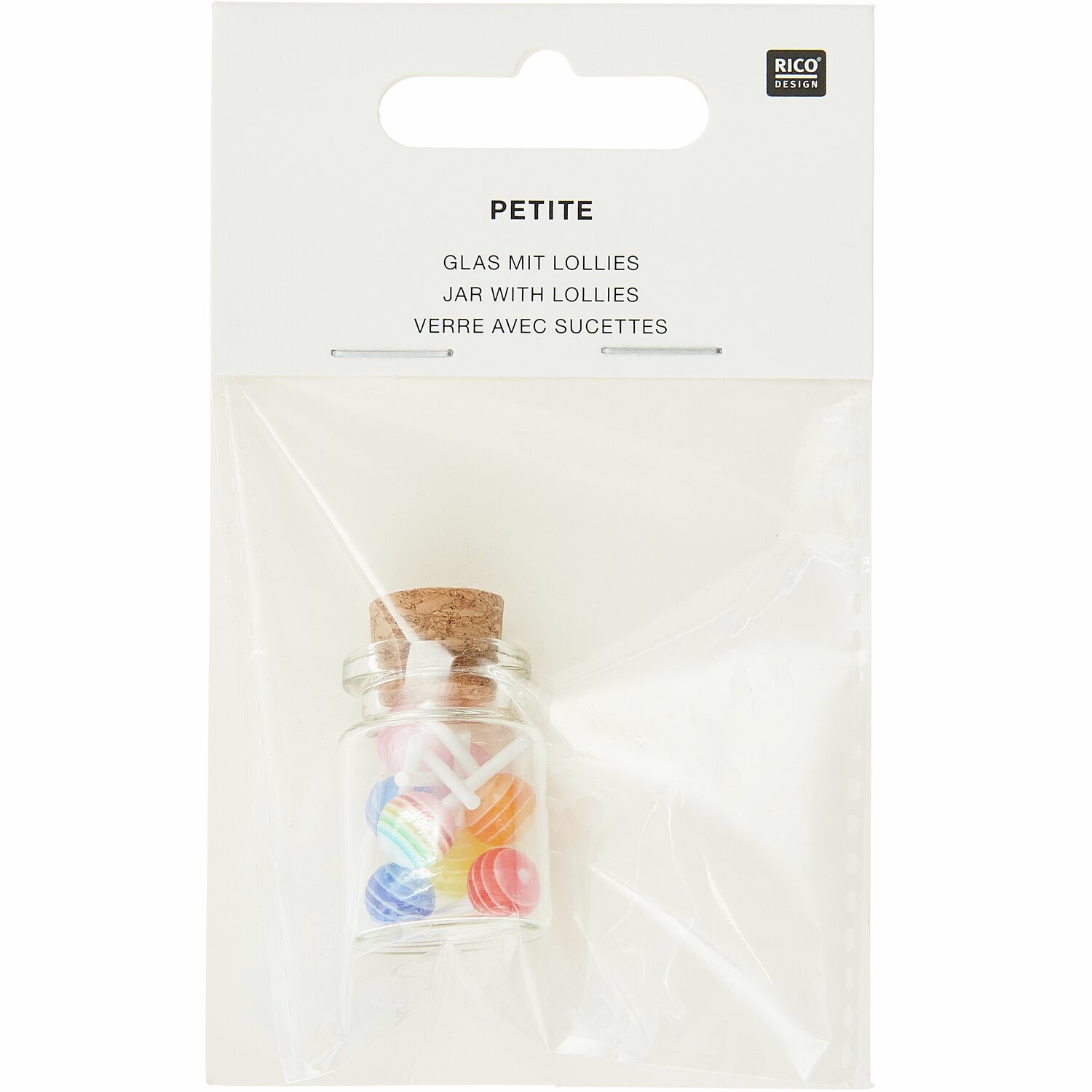 Miniatur Glas mit Lollies 10-teilig von Rico Design. Enthält bunte Lollies in einem kleinen Glas mit Korkverschluss. Ideal für Dekorationen.