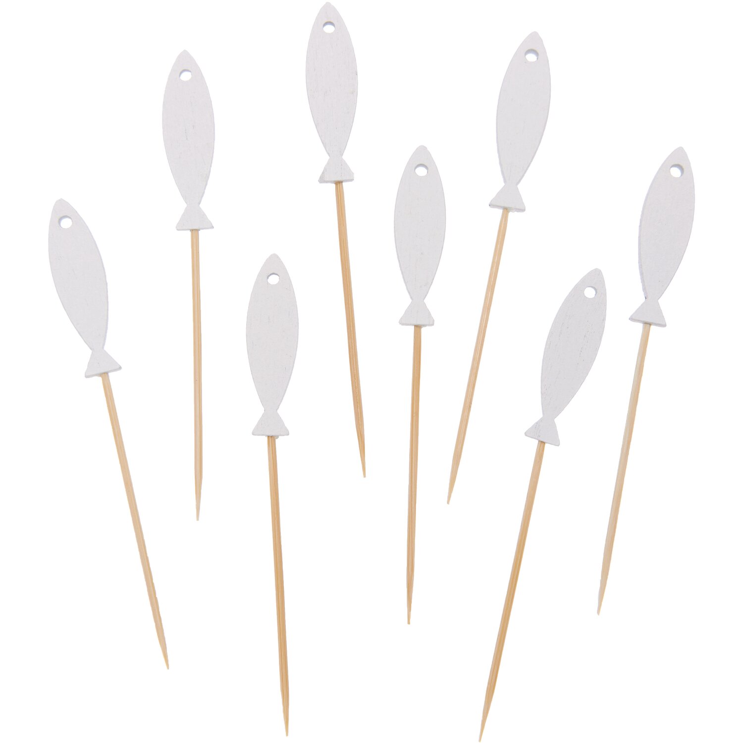 Deko-Picker Fisch weiß 8cm 8 Stück: Acht weiße Fisch-Picker aus Holz, ideal für Dekorationen.