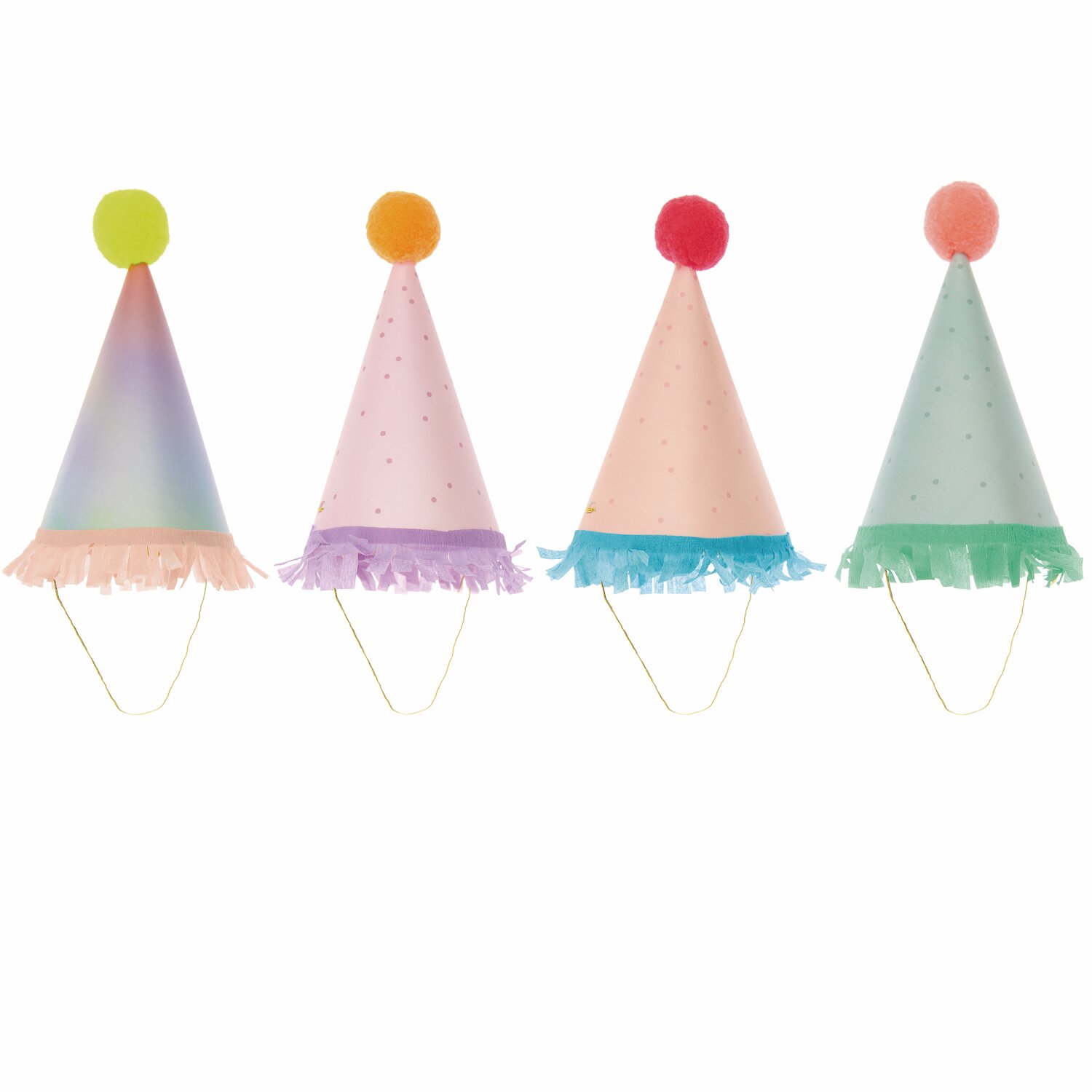 Mini-Partyhüte von Rico Design in Pastellfarben mit Pompons, Ø 8x14cm, 8 Stück. Ideal für Feiern.