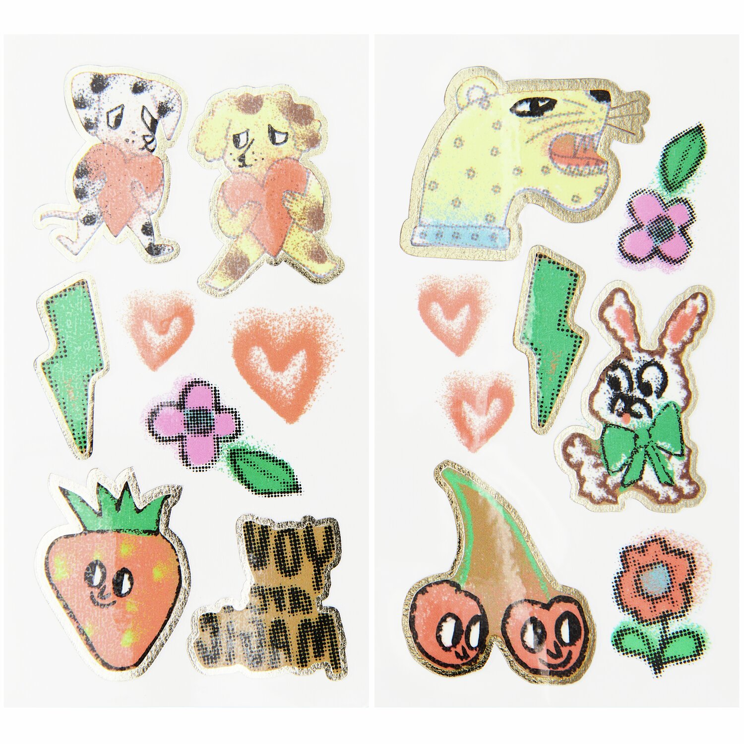 Tattoos Früchte und Tiere, 16-teilig: Bunte Designs mit Tieren, Früchten und Symbolen für kreative Gestaltung.