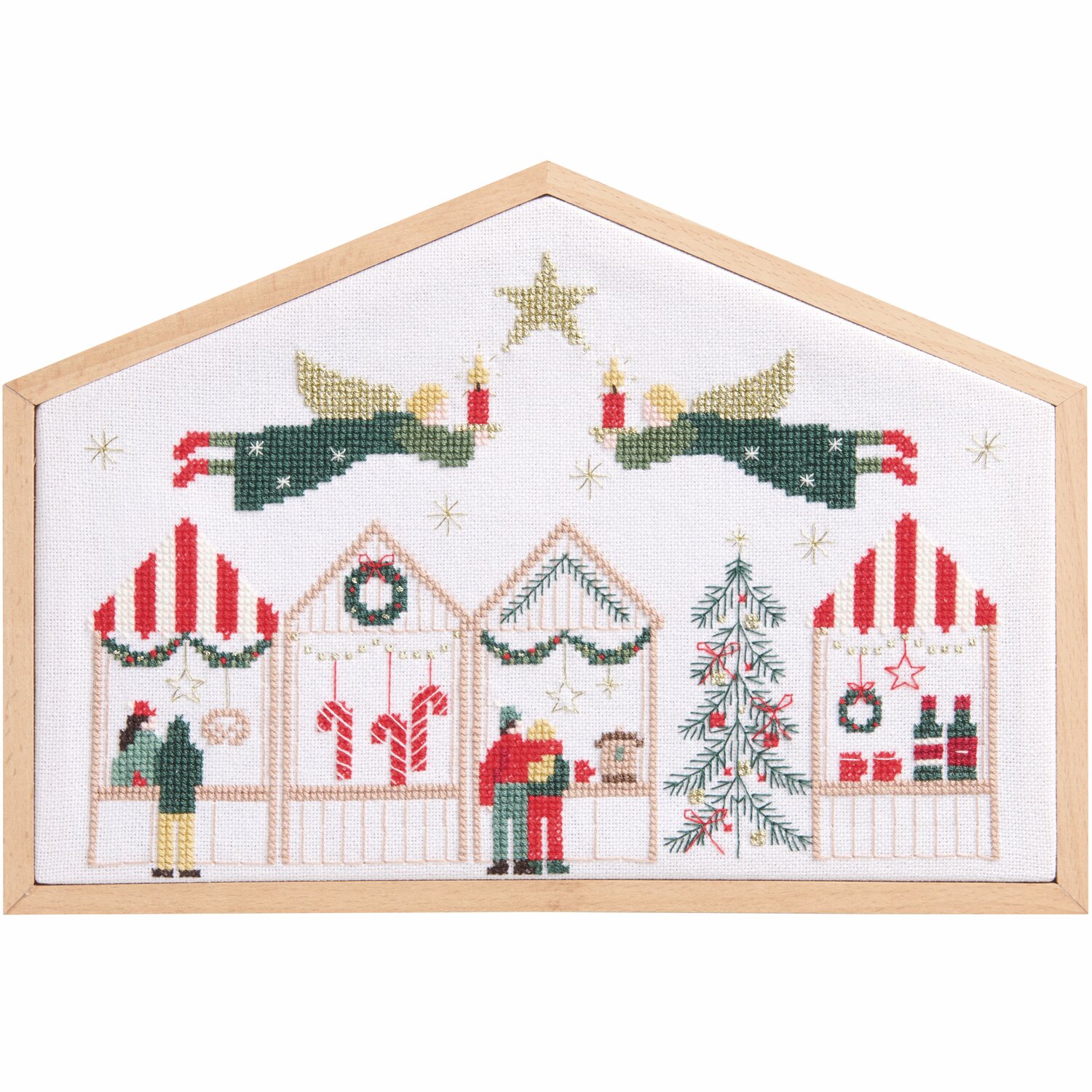 Stickpackung Weihnachtsmarkt zeigt festliche Stände und Engel in Kreuzstich, ideal für Weihnachtsdekoration.