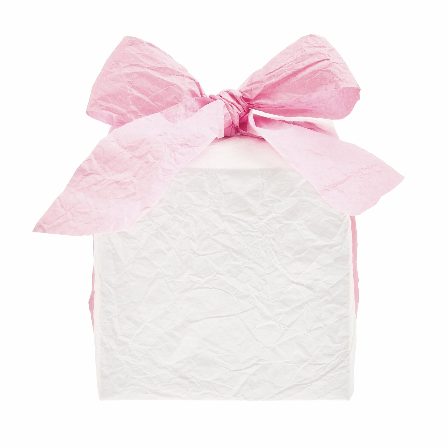 Knitter Papierbänder 3 Stück: Geschenk mit rosa Schleife aus knitterigem Papier in Weiß. Ideal für kreative Verpackungen.