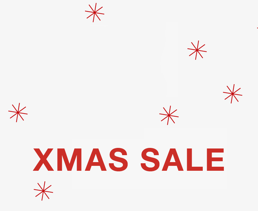 In roter Schrift und umgeben von illustrierten Schneeflocken, steht der Schriftzug Xmas Sale auf hellgrauem Hintergrund.