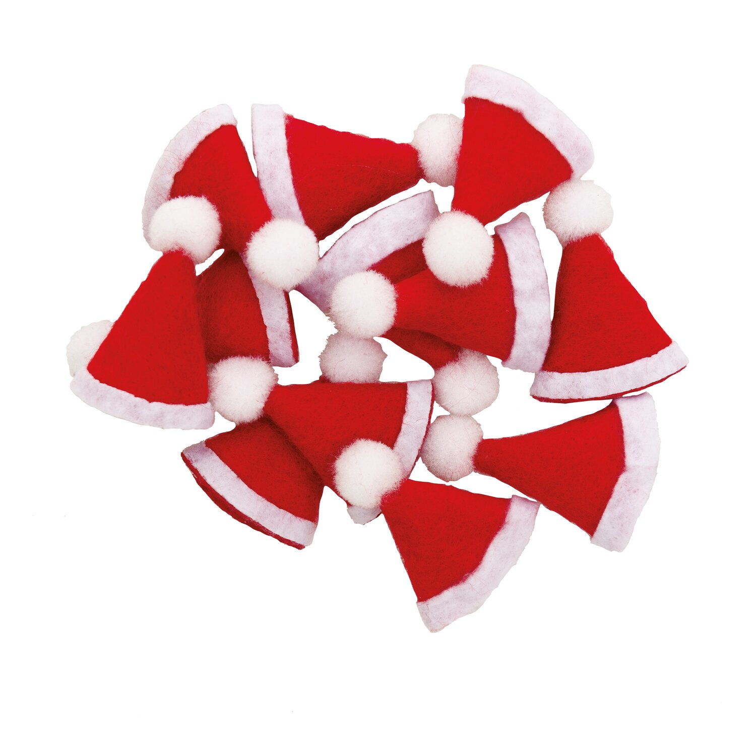 Mini-Weihnachtsmützen rot 2x3,5cm 12 Stück: Kleine rote Mützen mit weißem Rand und Bommel, ideal für festliche Dekorationen.