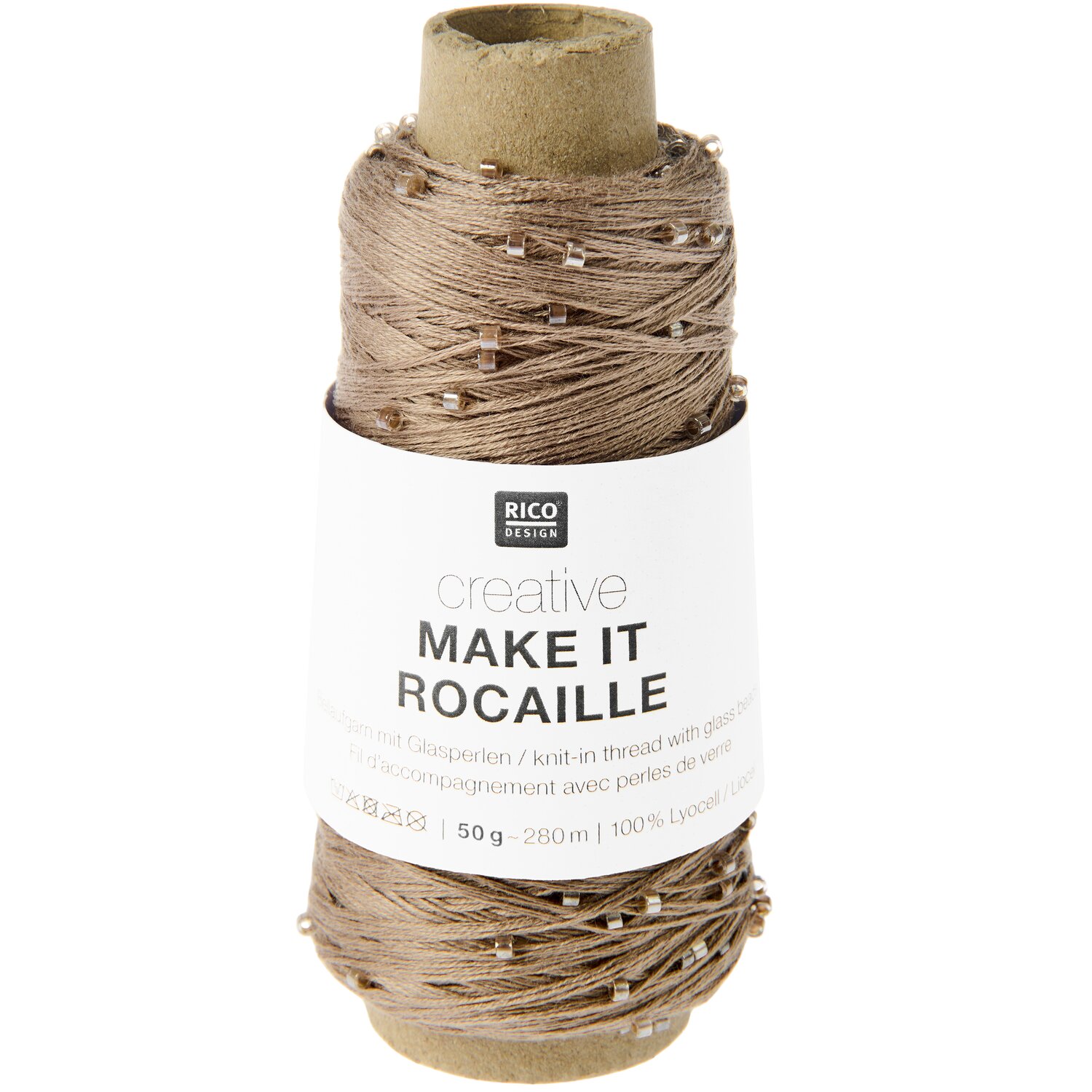 Creative Make It Rocaille, Rico Design, feiner beige Garnkegel mit aufgereihten Perlen, Lauflänge 50g 280m, ideal zum Stricken und Häkeln von Accessoires