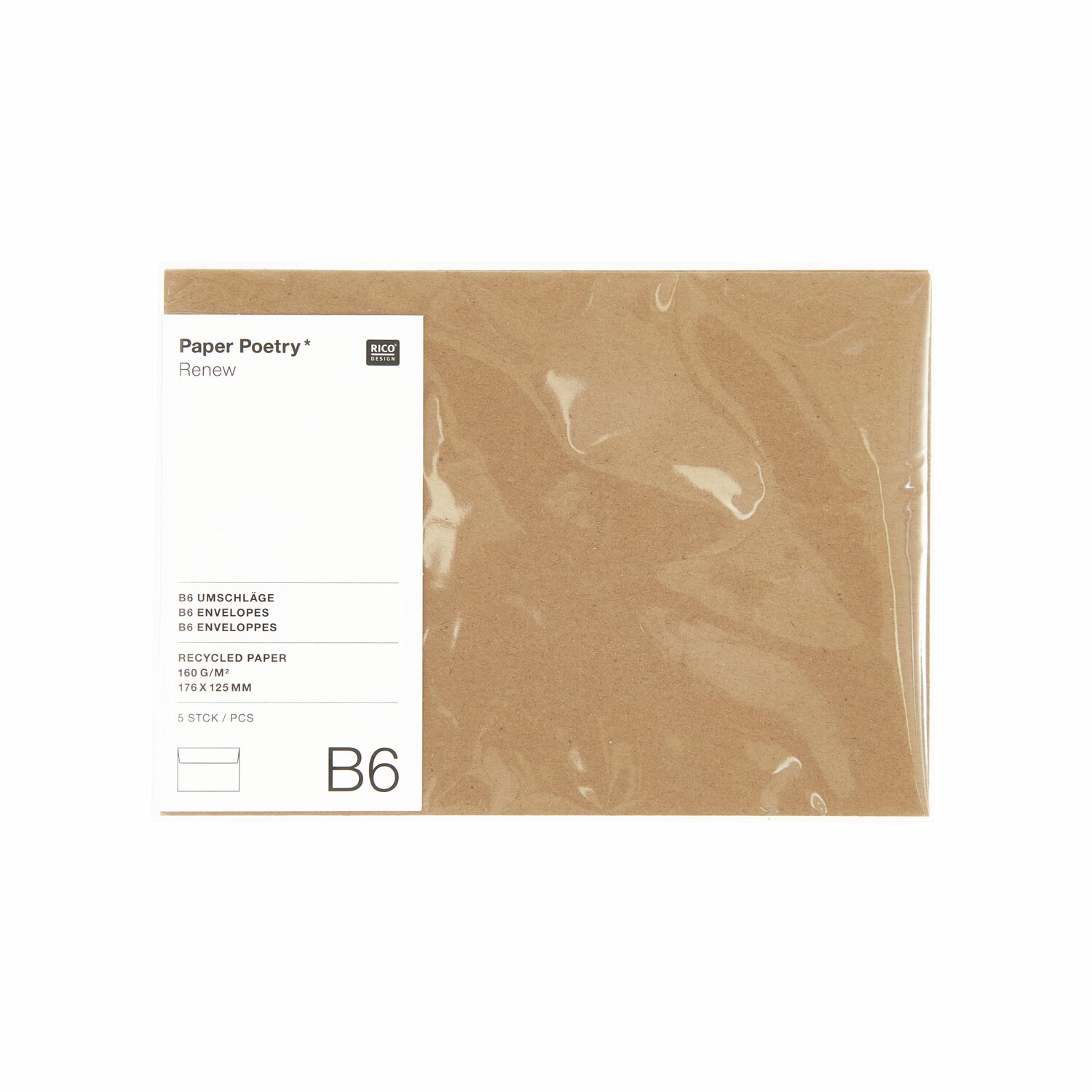 Paper Poetry Renew Umschläge B6 aus Kraftpapier, 5 Stück. Ideal für stilvolle Postsendungen.