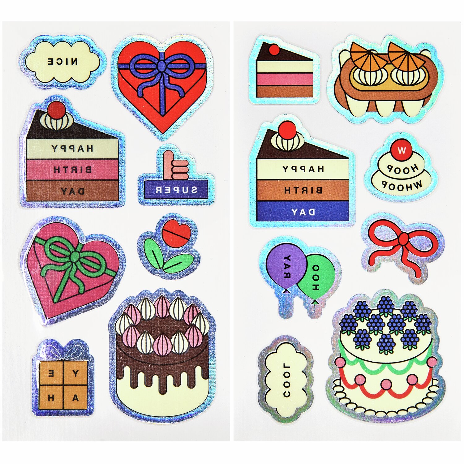 Tattoos Eye Candy, 16-teilig: Bunte Sticker mit Kuchenmotiven und Geschenken, ideal für Geburtstagsdekorationen.